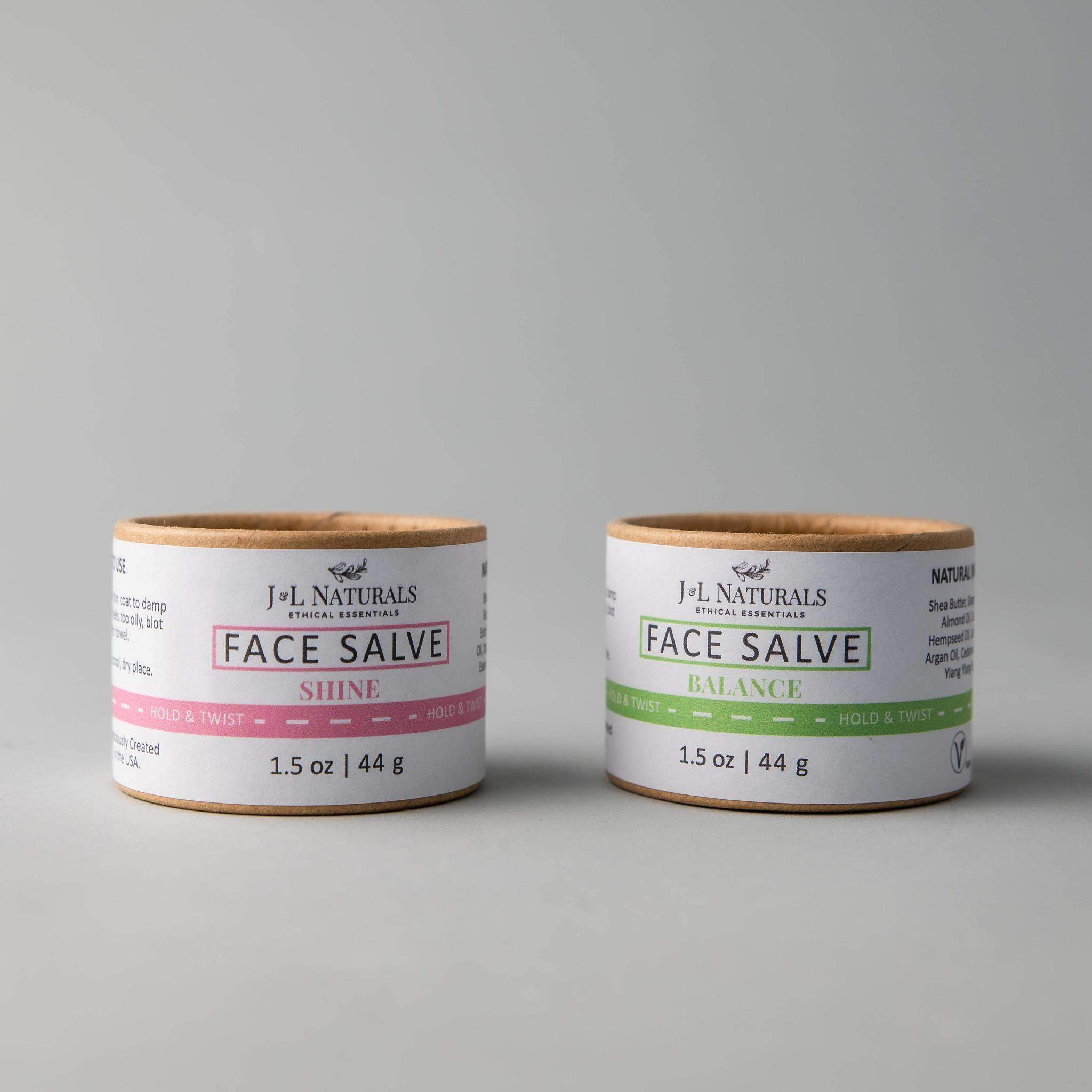 Two jars of ultra-nourishing Face Salve Duo, showcasing their buttery texture and packaging.