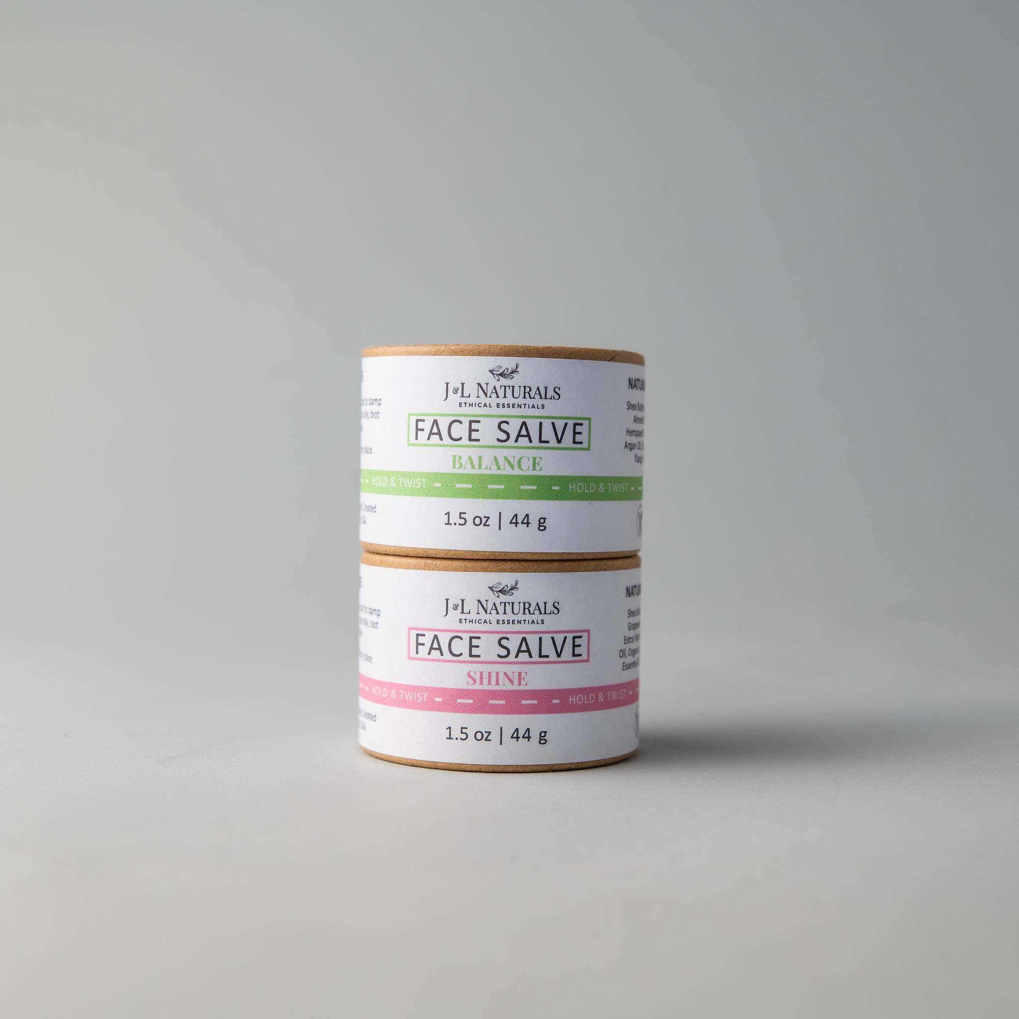 Two jars of ultra-nourishing Face Salve Duo, showcasing their buttery texture and packaging.