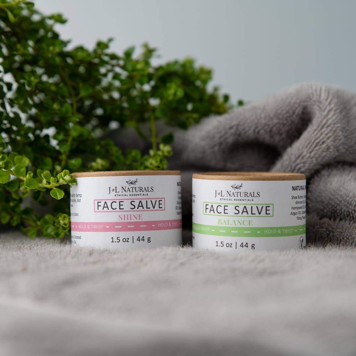 Two jars of ultra-nourishing Face Salve Duo, showcasing their buttery texture and packaging.