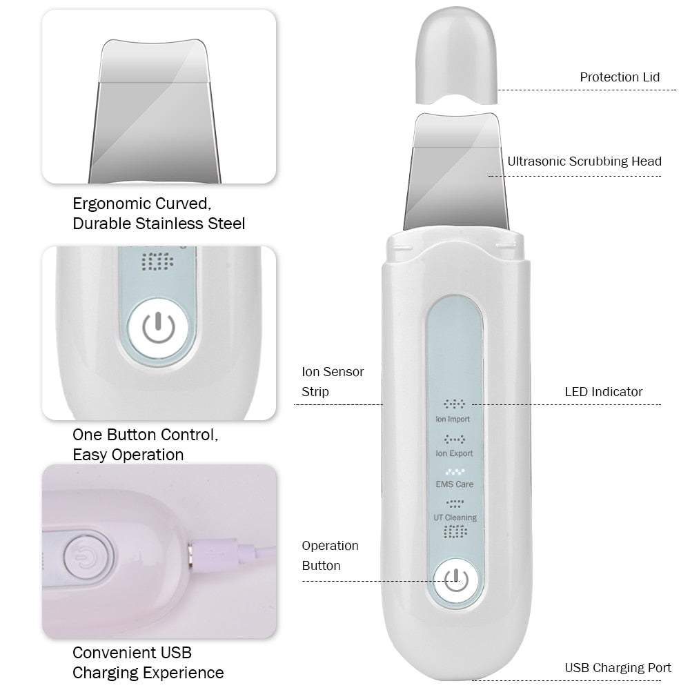 Face Ultrasonic Skin Scrubber Cleaner with ergonomic design for deep facial cleansing and blackhead removal.