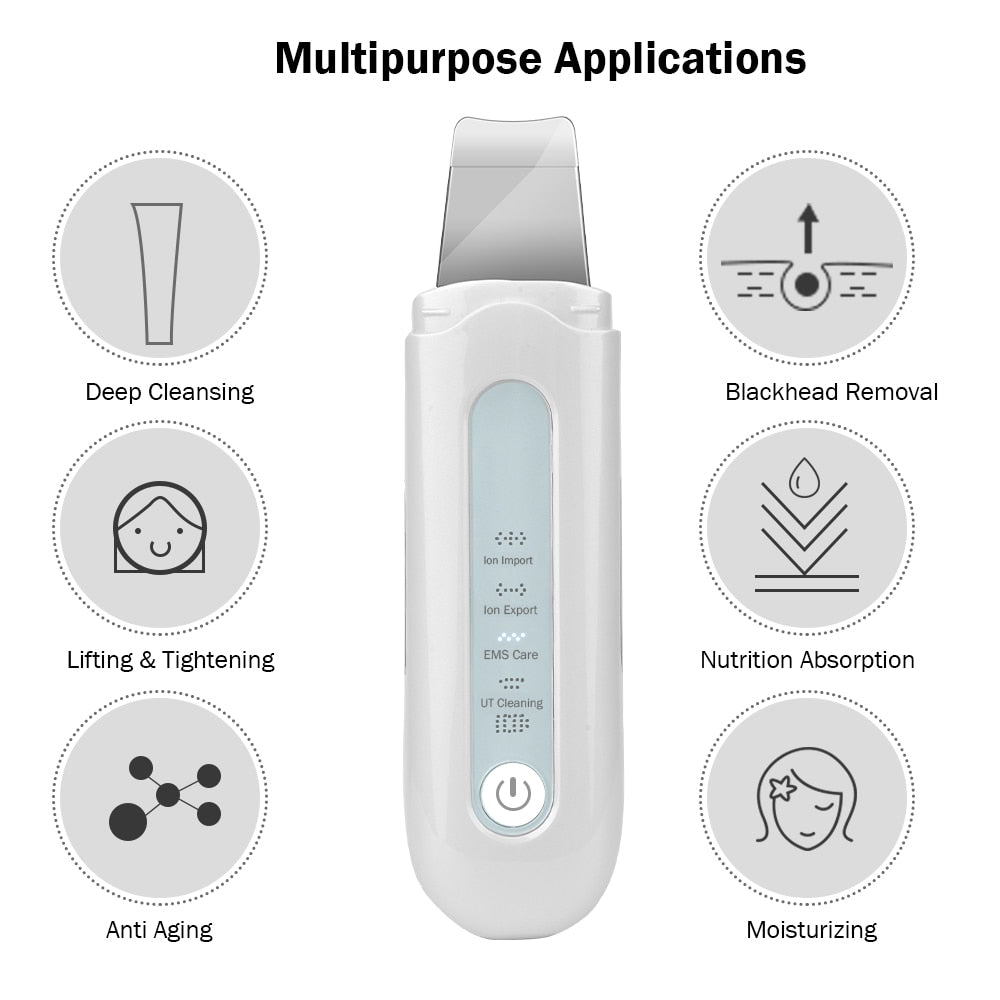 Face Ultrasonic Skin Scrubber Cleaner with ergonomic design for deep facial cleansing and blackhead removal.