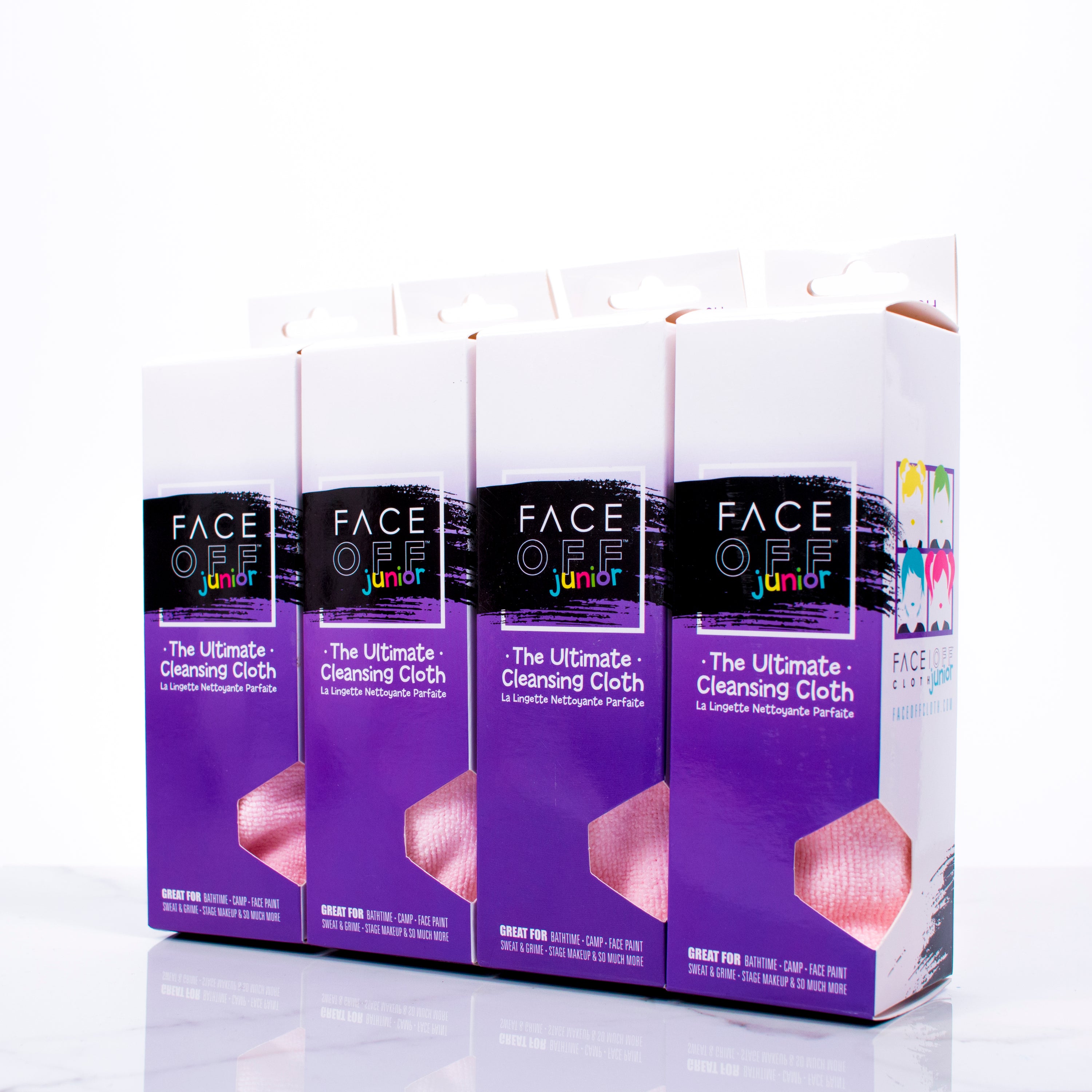 FaceOff Junior cleansing cloths in a colorful pack, designed for kids to clean their skin safely with just warm water.