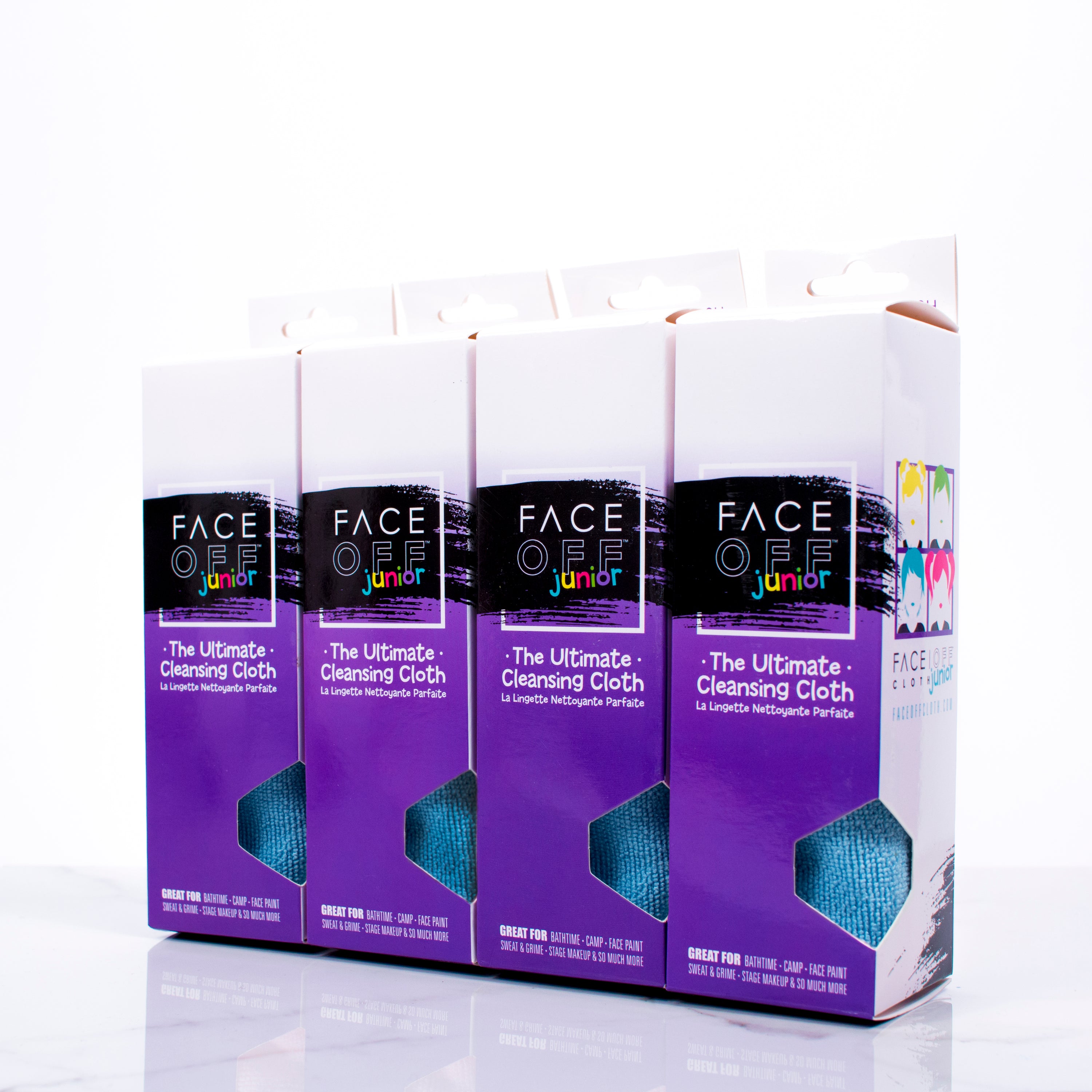 FaceOff Junior cleansing cloths in a colorful pack, designed for kids to clean their skin safely with just warm water.