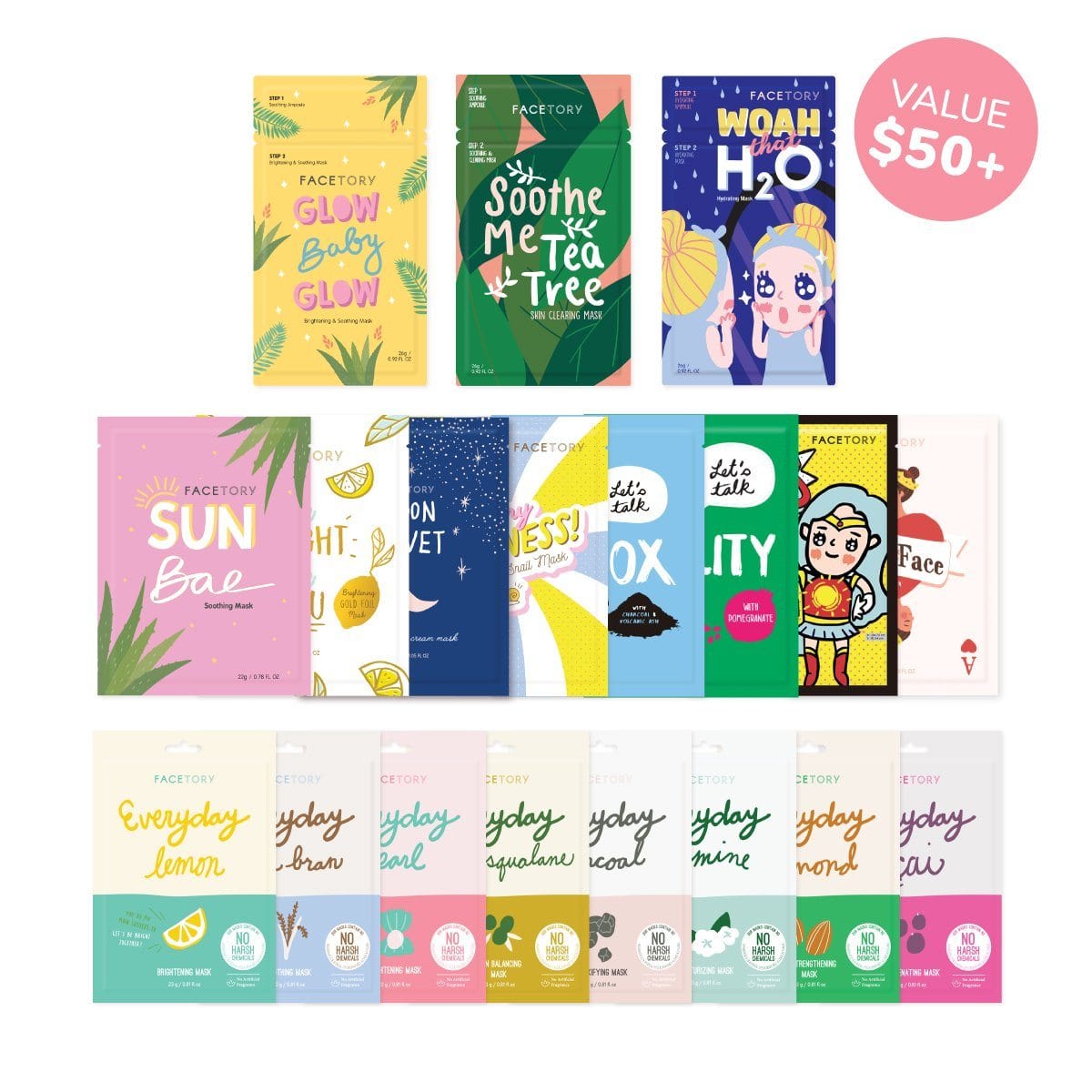 A collection of FaceTory sheet masks showcasing various key ingredients for skin radiance and care.