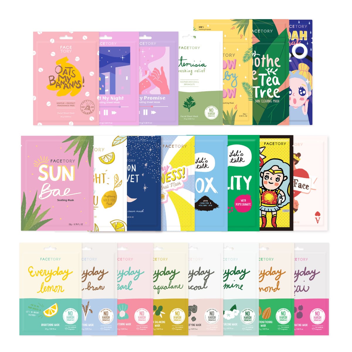 A collection of FaceTory sheet masks showcasing various key ingredients for skin radiance and care.