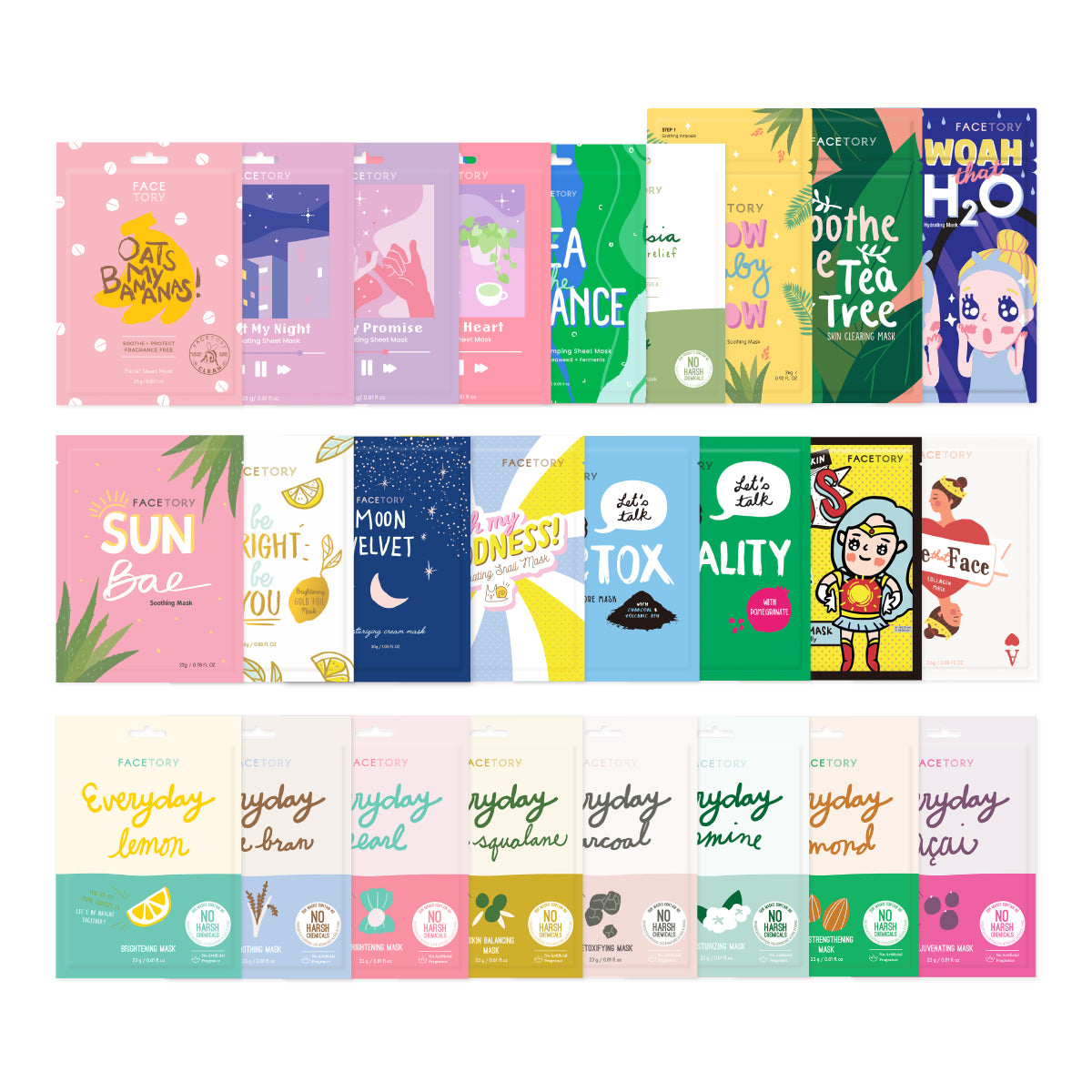 A collection of FaceTory sheet masks showcasing various key ingredients for skin radiance and care.