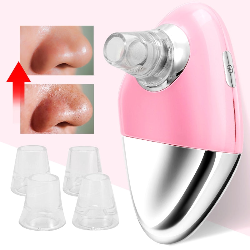 Facial Blackhead Remover Electric Acne Cleaner Device in pink and green colors with multiple suction heads and USB charging cable.