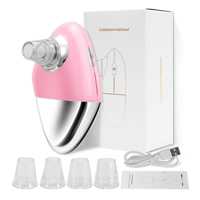 Facial Blackhead Remover Electric Acne Cleaner Device in pink and green colors with multiple suction heads and USB charging cable.