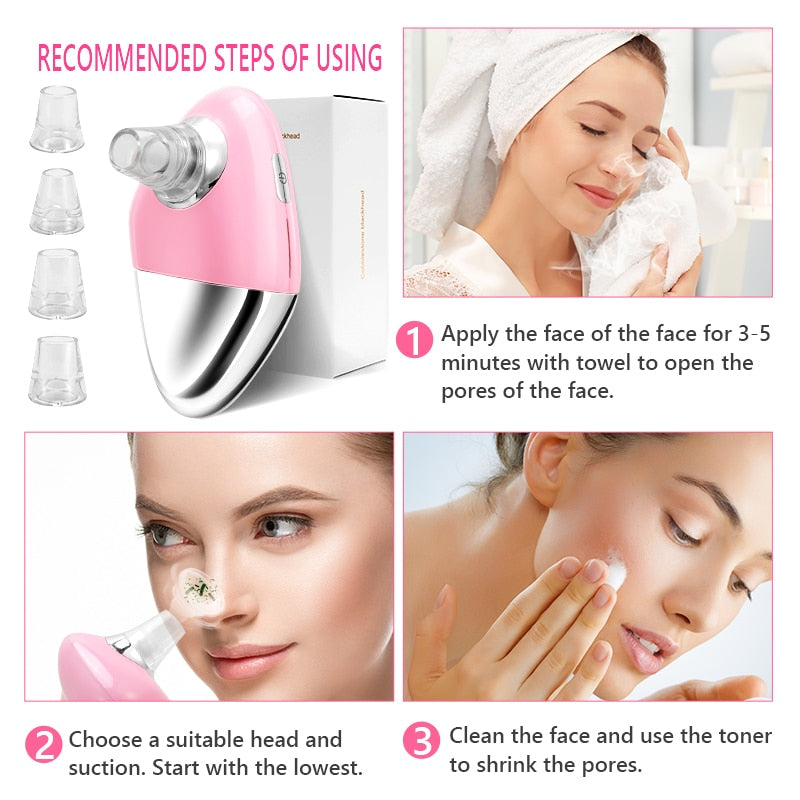 Facial Blackhead Remover Electric Acne Cleaner Device in pink and green colors with multiple suction heads and USB charging cable.