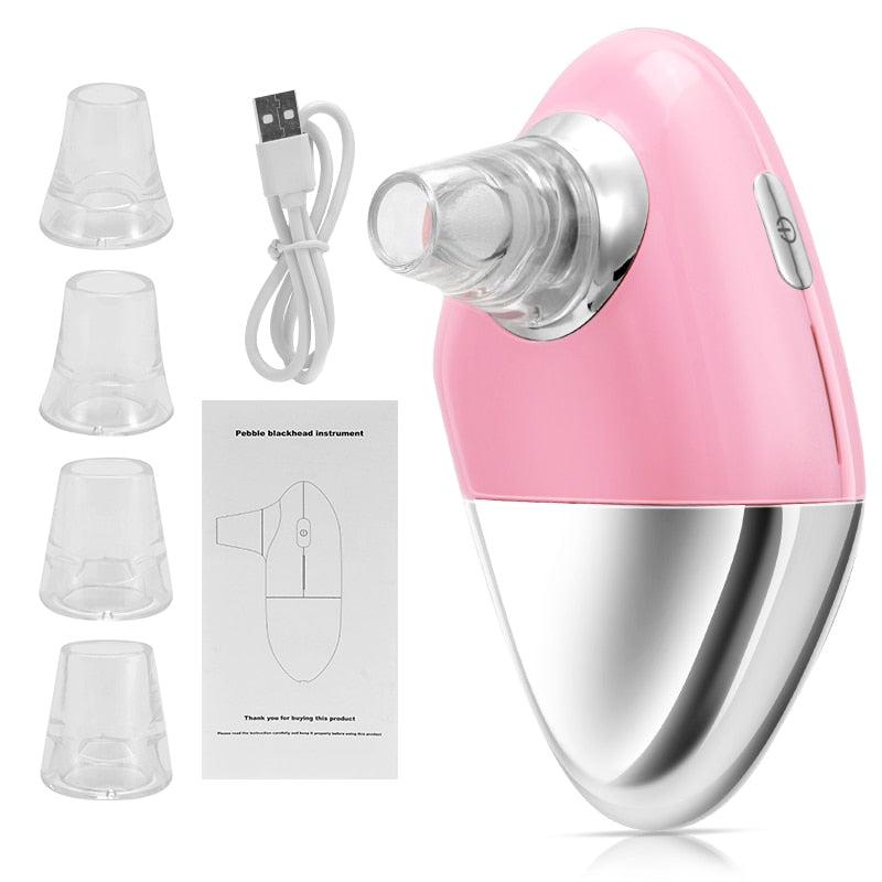 Facial Blackhead Remover Electric Acne Cleaner Device in pink and green colors with multiple suction heads and USB charging cable.