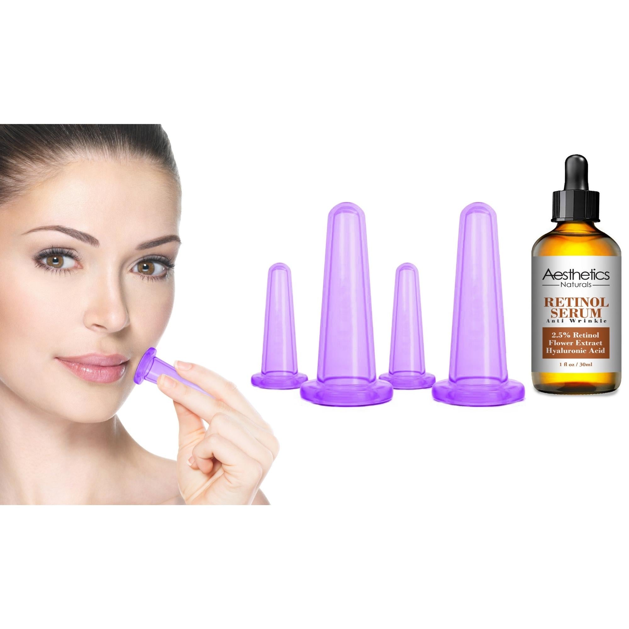 A set of facial cupping cups made from medical-grade silicone, alongside a bottle of Retinol Serum, designed for anti-aging skincare.