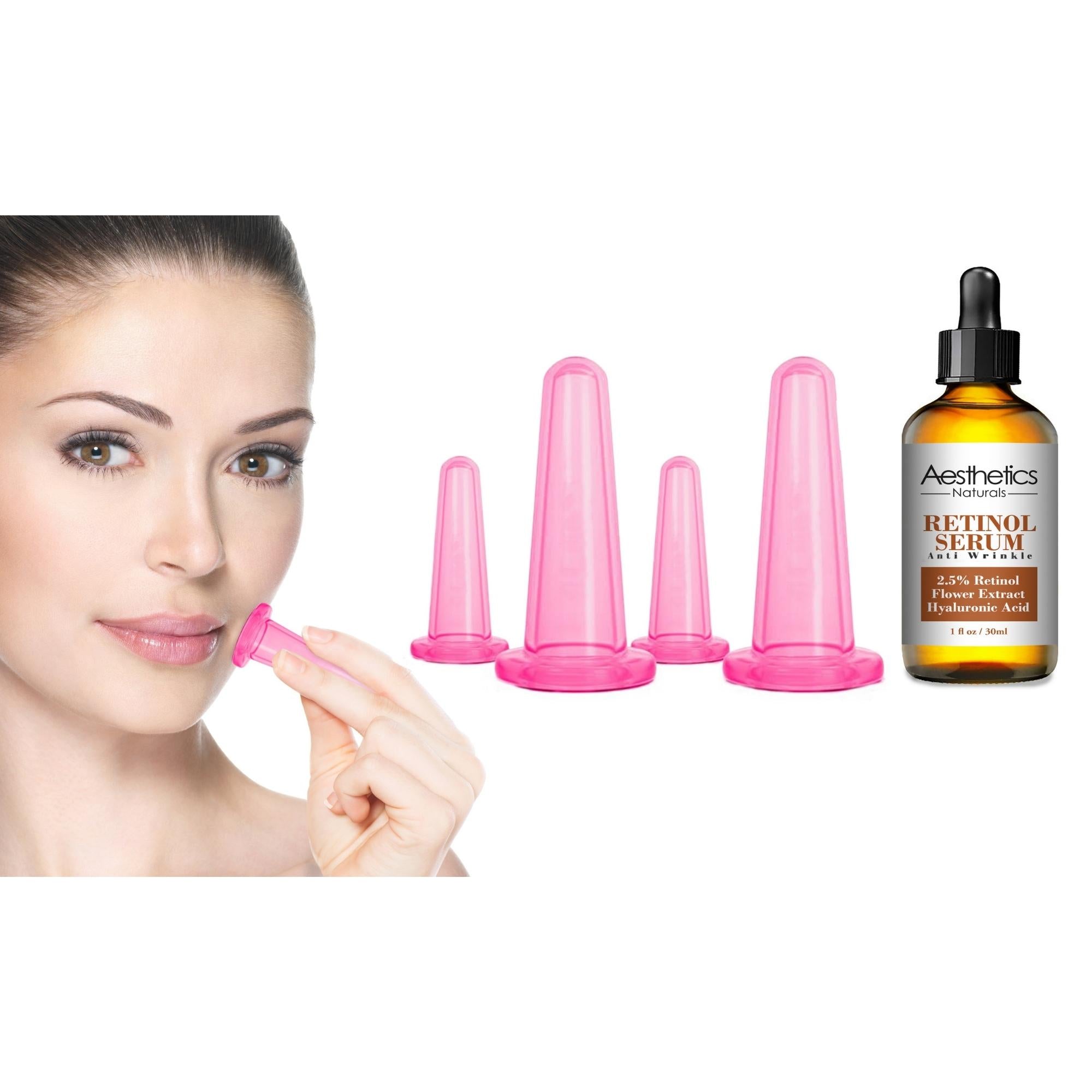 A set of facial cupping cups made from medical-grade silicone, alongside a bottle of Retinol Serum, designed for anti-aging skincare.