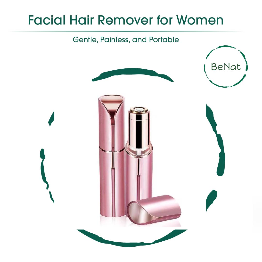 Facial Hair Remover device designed like a lipstick tube, featuring stainless steel blades and an LED light for precision hair removal.