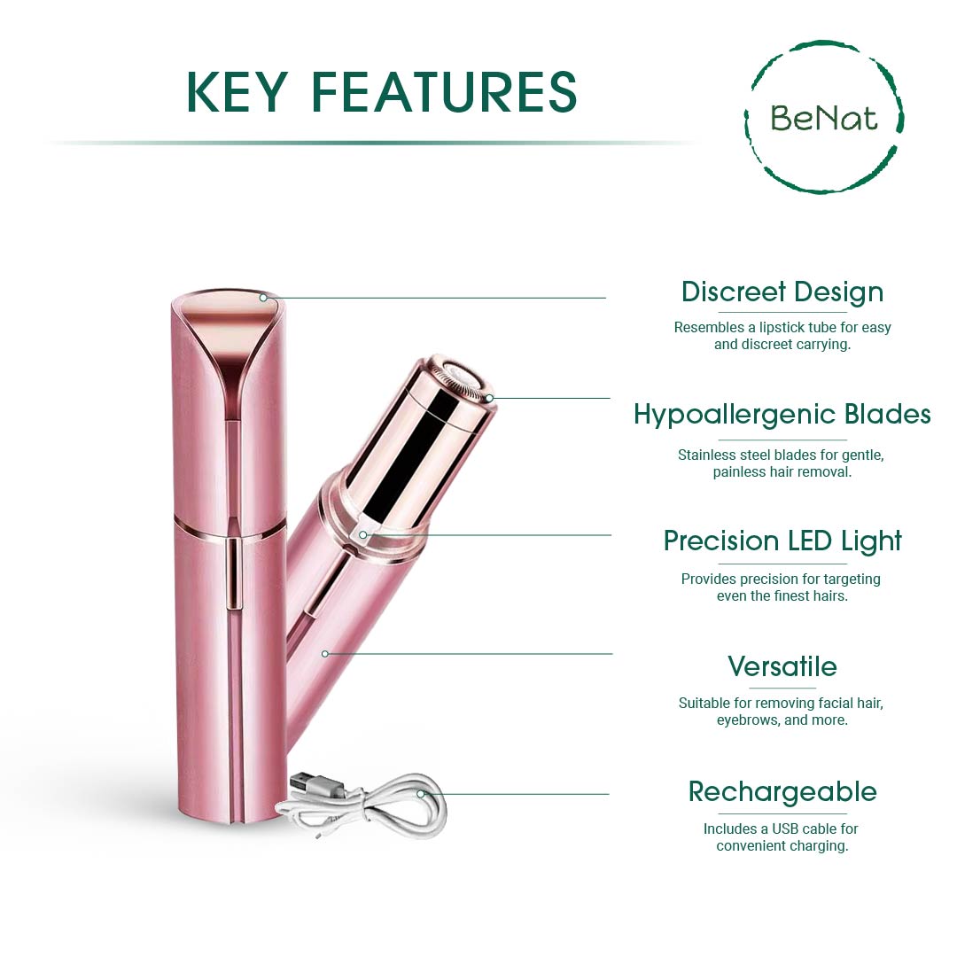 Facial Hair Remover device designed like a lipstick tube, featuring stainless steel blades and an LED light for precision hair removal.