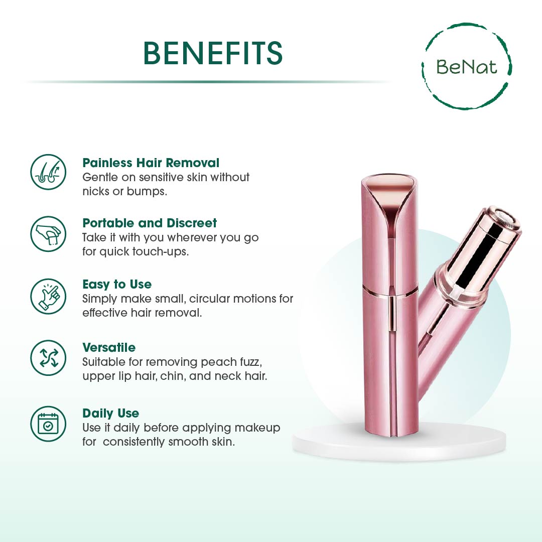 Facial Hair Remover device designed like a lipstick tube, featuring stainless steel blades and an LED light for precision hair removal.