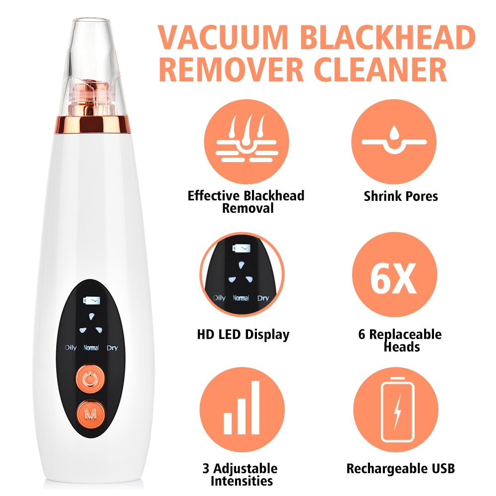 Facial Pore Cleaner Blackhead Remover Vacuum Suction Cleaner with multiple suction heads and USB charging cable, designed for effective skincare.