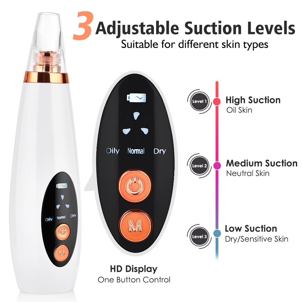 Facial Pore Cleaner Blackhead Remover Vacuum Suction Cleaner with multiple suction heads and USB charging cable, designed for effective skincare.