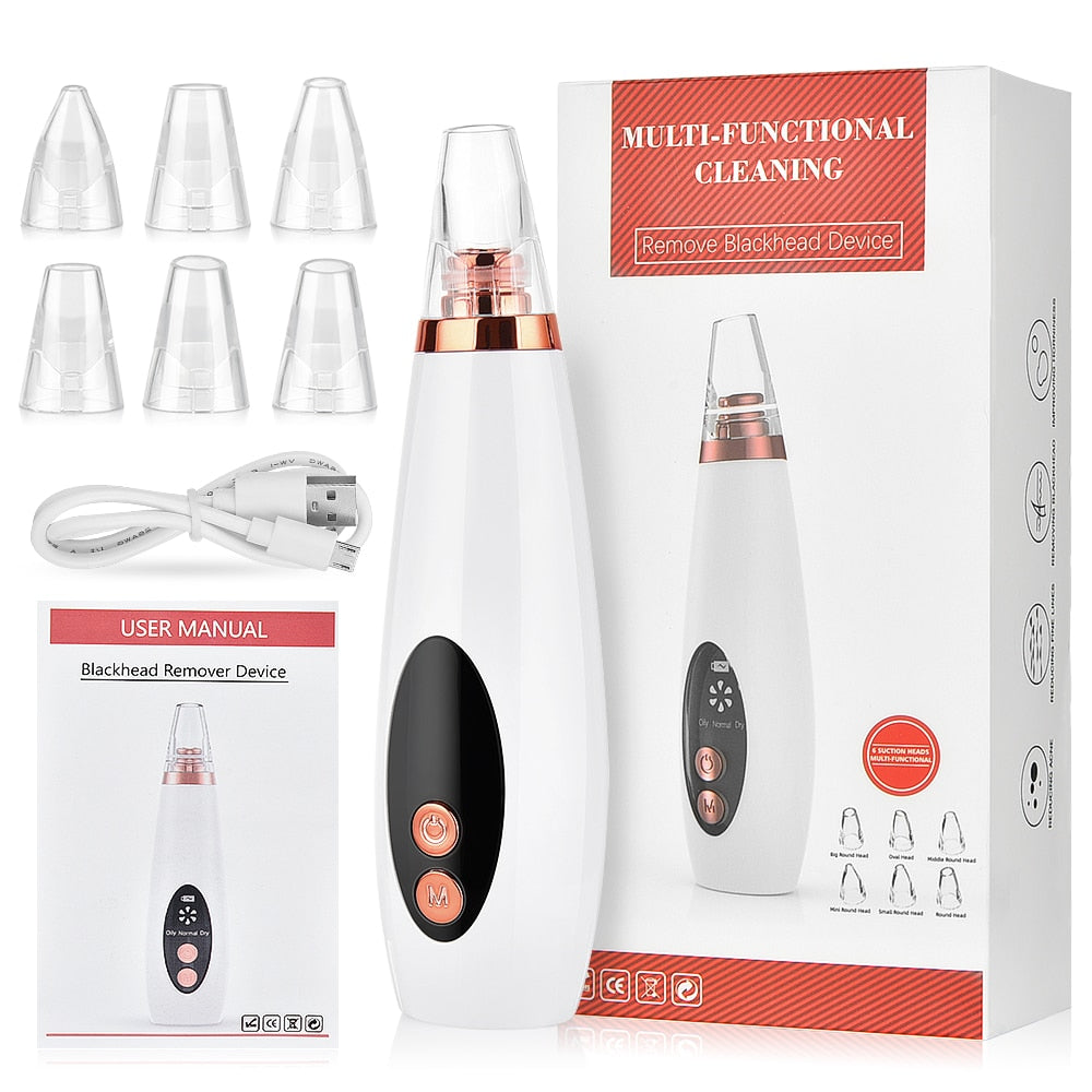 Facial Pore Cleaner Blackhead Remover Vacuum Suction Cleaner with multiple suction heads and USB charging cable, designed for effective skincare.