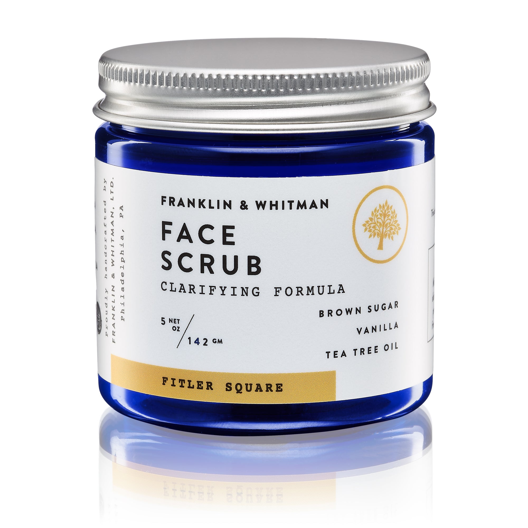 Fitler Square Face Scrub in a 4oz BPA-free jar, showcasing its rich texture and natural ingredients.