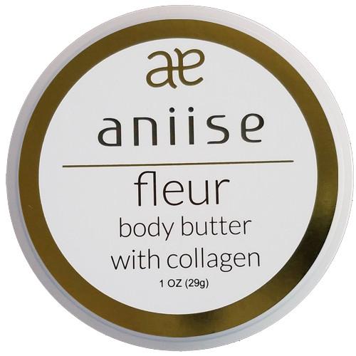 Fleur Body Butter with Collagen in a stylish jar, showcasing its creamy texture and natural ingredients.