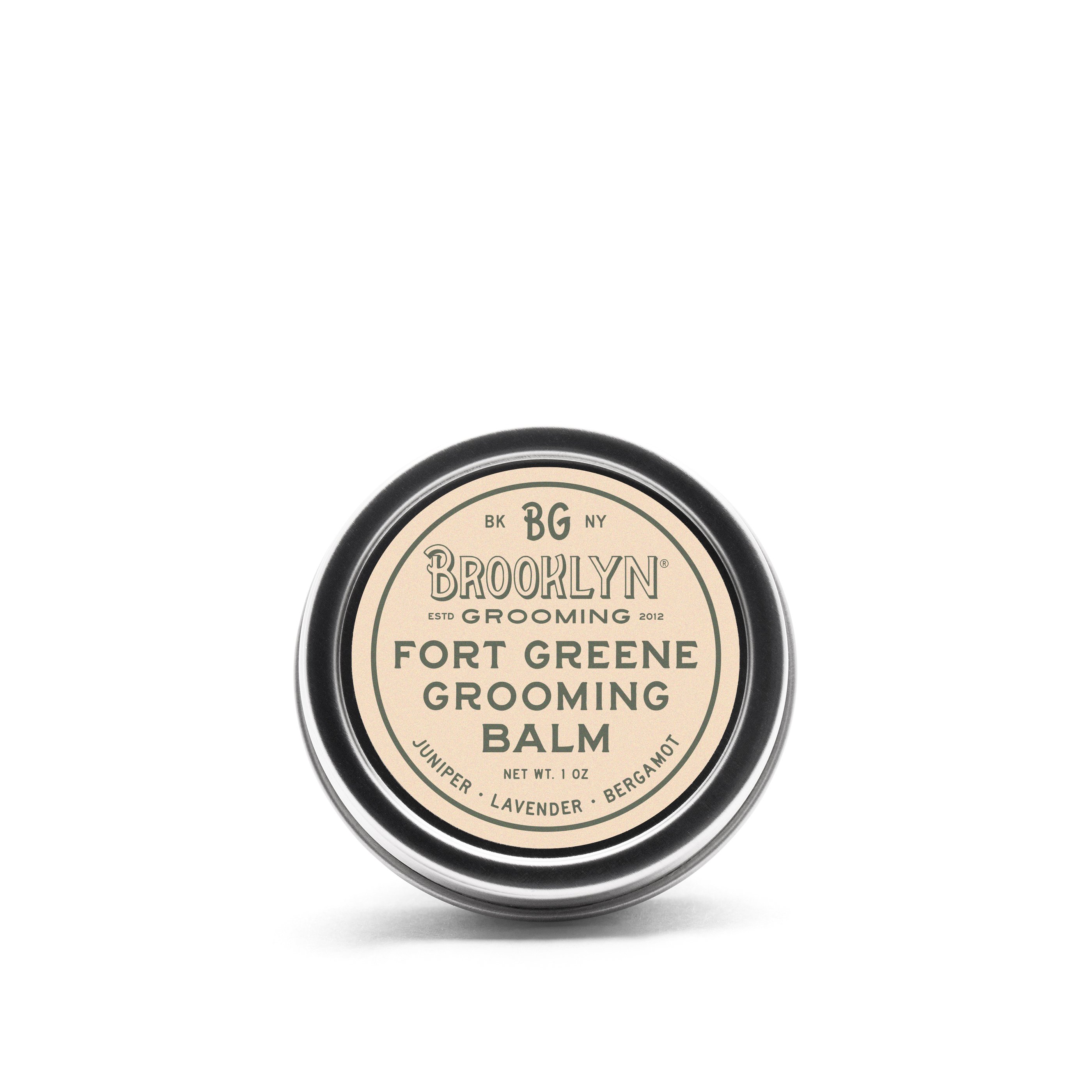 Fort Greene Grooming Balm in a sleek aluminum tin, showcasing its natural ingredients and herbal scent.