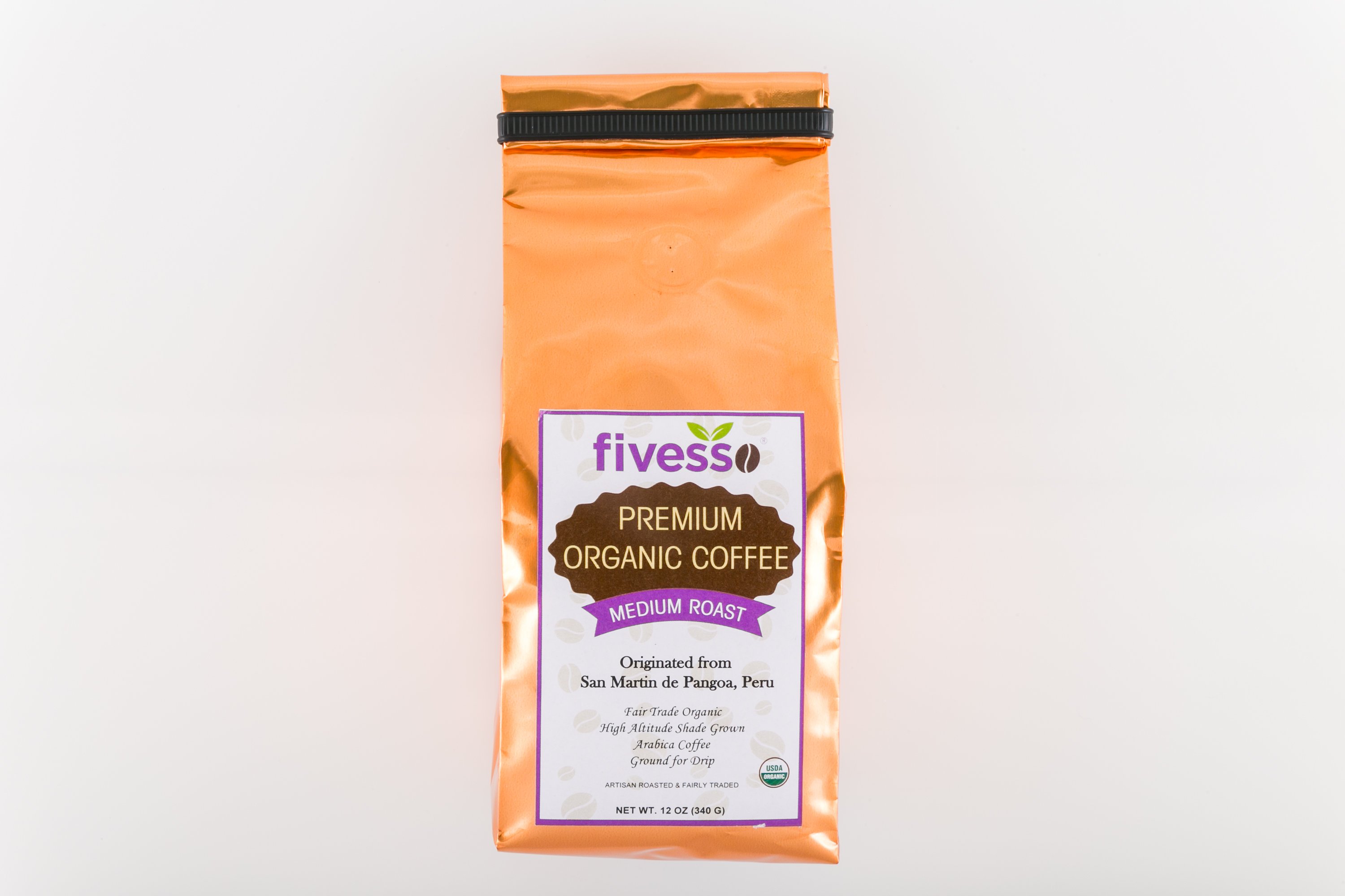 A 12 oz bag of Fivesso Fresh Premium Organic Coffee featuring a vibrant design, showcasing whole beans and ground options.