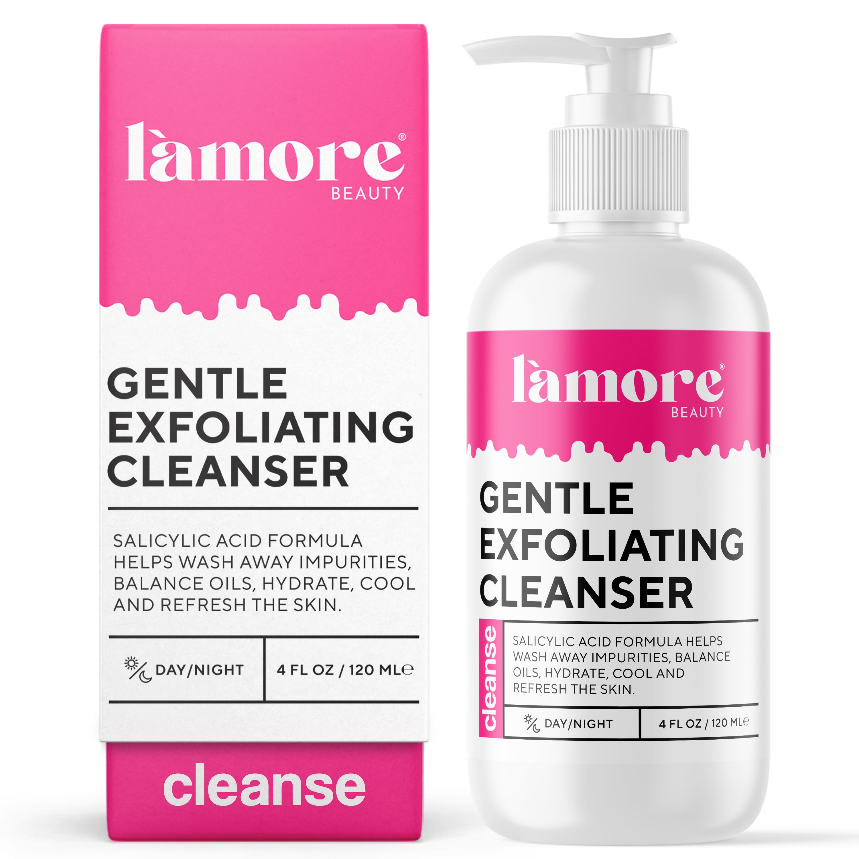 Gentle Exfoliating Cleanser bottle with natural ingredients like salicylic acid and manuka honey.