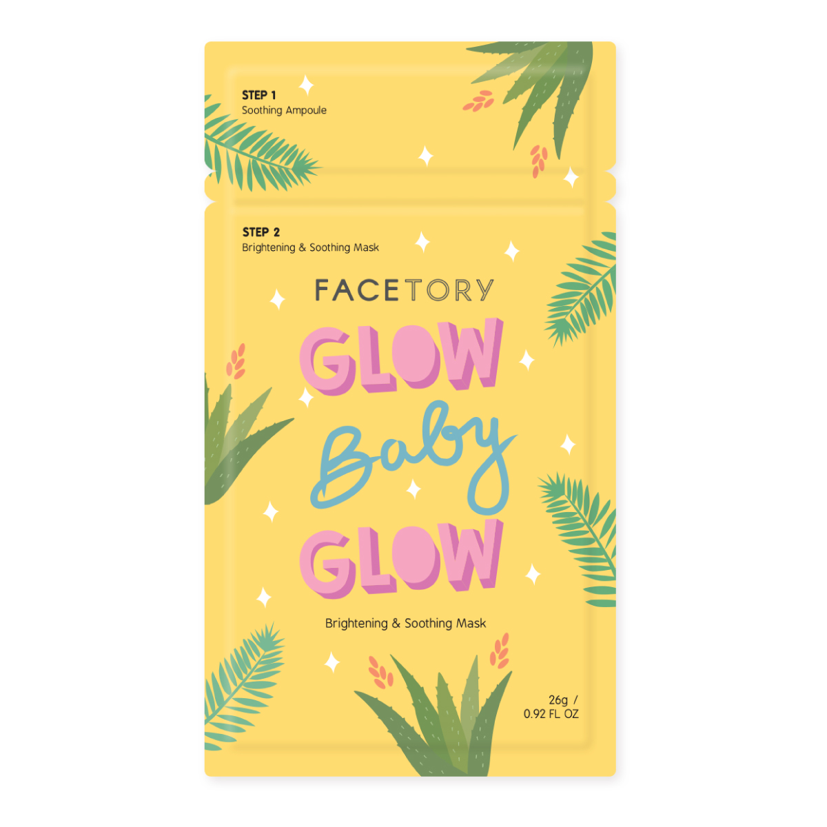 Glow Baby Glow 2-Step Sheet Mask showcasing brightening and soothing properties with cupra sheet material.