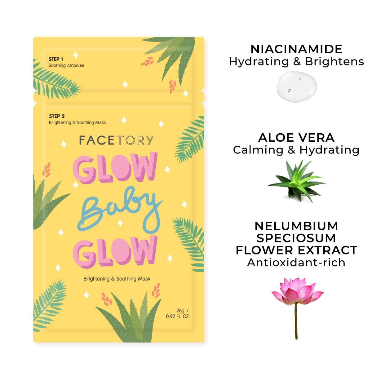 Glow Baby Glow 2-Step Sheet Mask showcasing brightening and soothing properties with cupra sheet material.