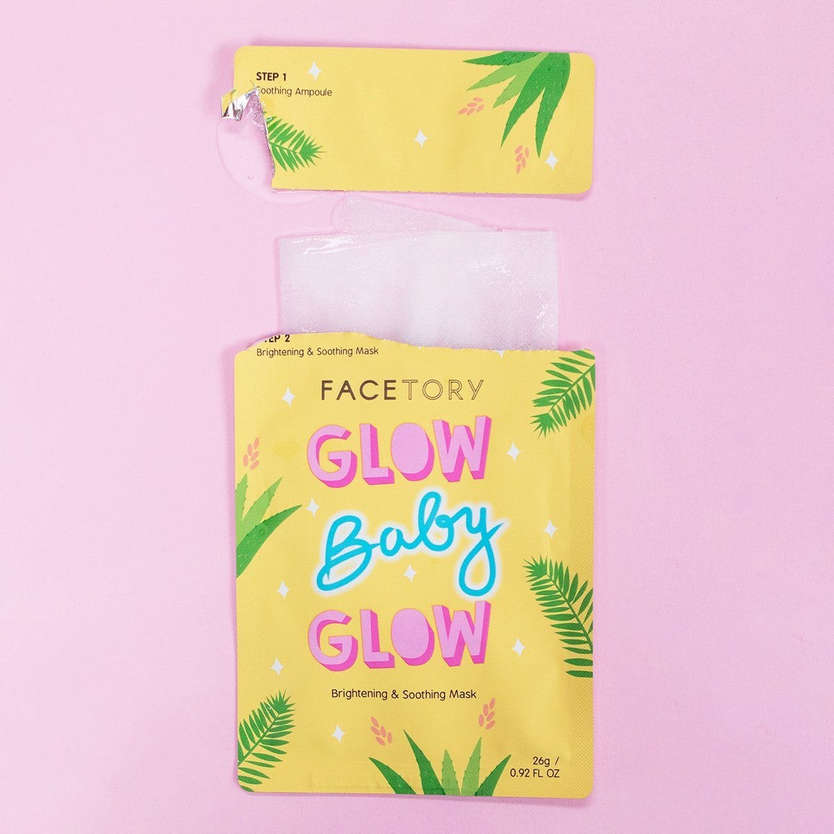 Glow Baby Glow 2-Step Sheet Mask showcasing brightening and soothing properties with cupra sheet material.