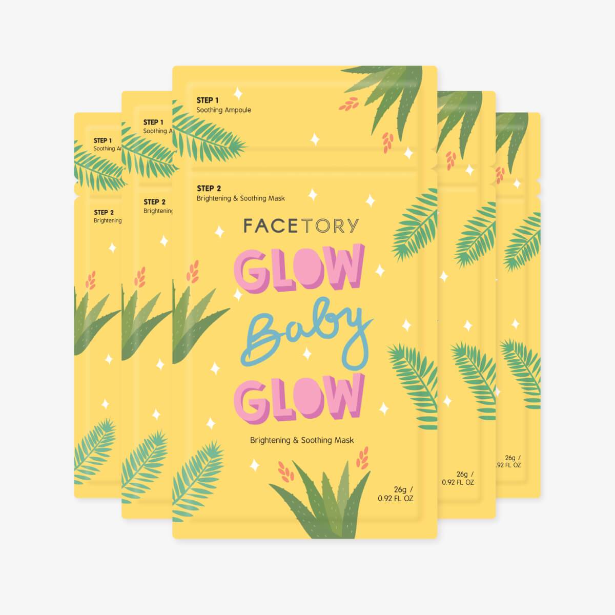 Glow Baby Glow 2-Step Sheet Mask showcasing brightening and soothing properties with cupra sheet material.