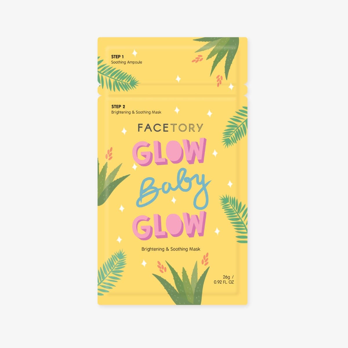 Glow Baby Glow 2-Step Sheet Mask showcasing brightening and soothing properties with cupra sheet material.