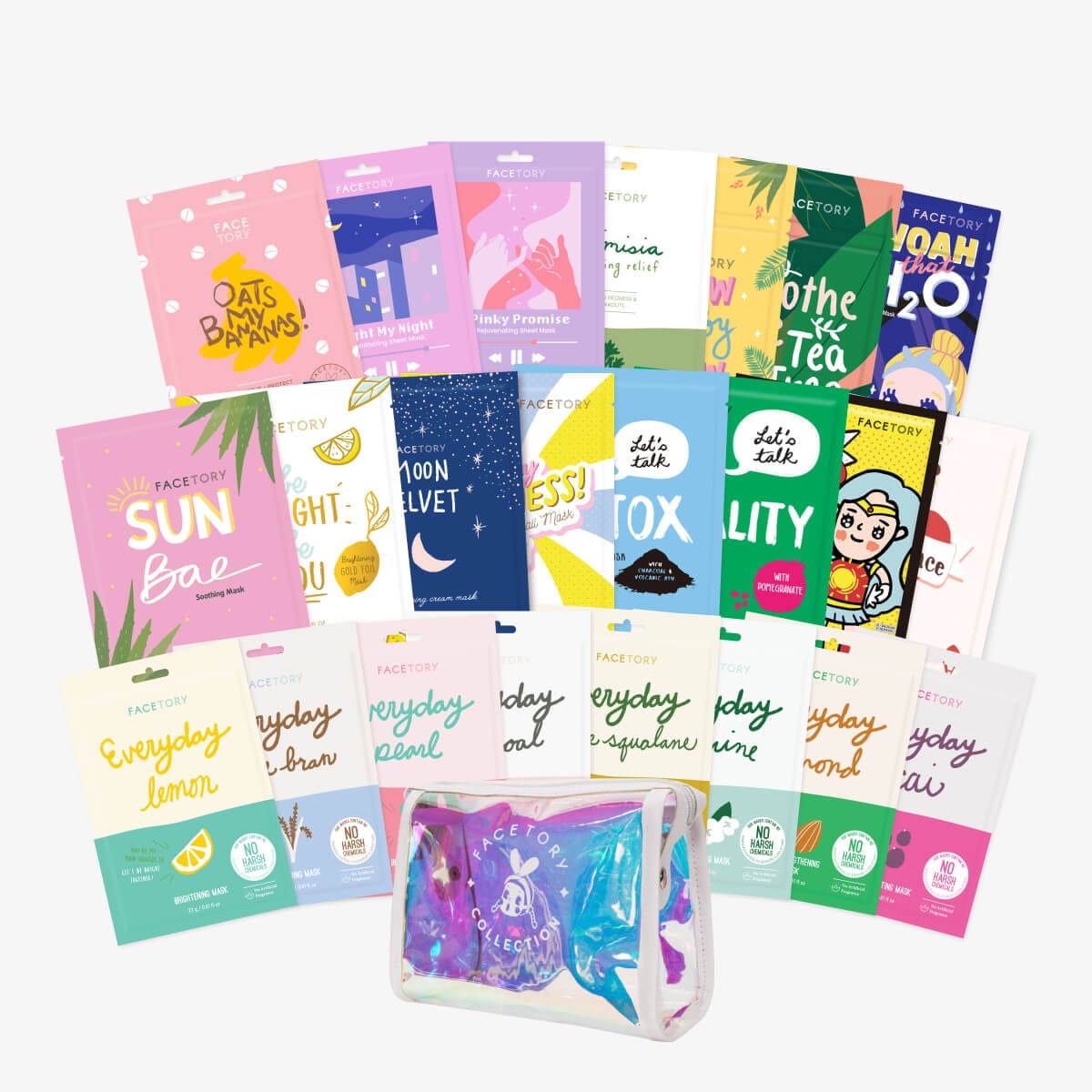 Glow Getter 23 Sheet Mask Bundle featuring 23 sheet masks and a holographic pouch, perfect for radiant skin.