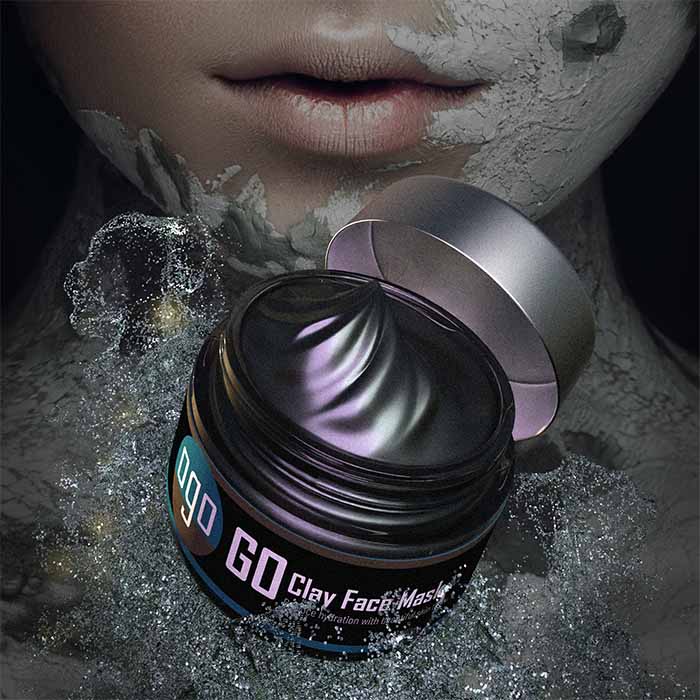 GO Clay Mask in a jar, showcasing its smooth grey texture and natural ingredients, perfect for rejuvenating and soothing the skin.