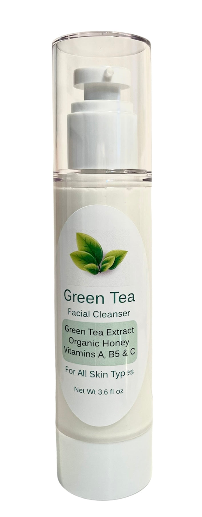 A bottle of Green Tea Facial Cleanser with a green tea leaf and honey background, showcasing its organic ingredients.