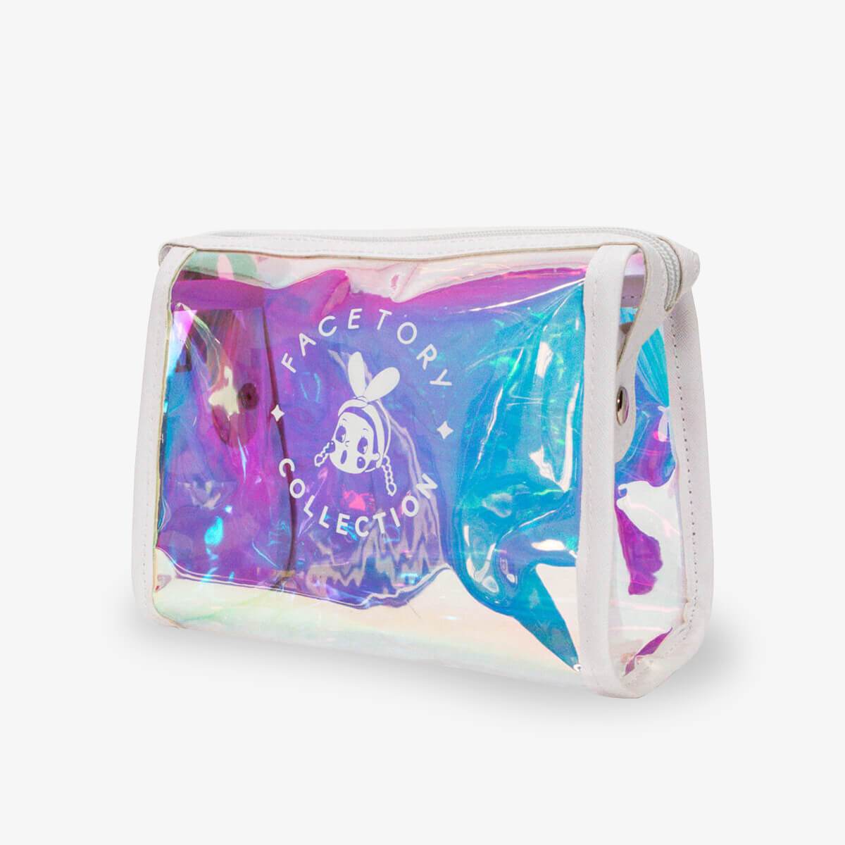 Halo-Daze Pouch featuring a holographic design and Tory logo, perfect for cosmetics and travel.