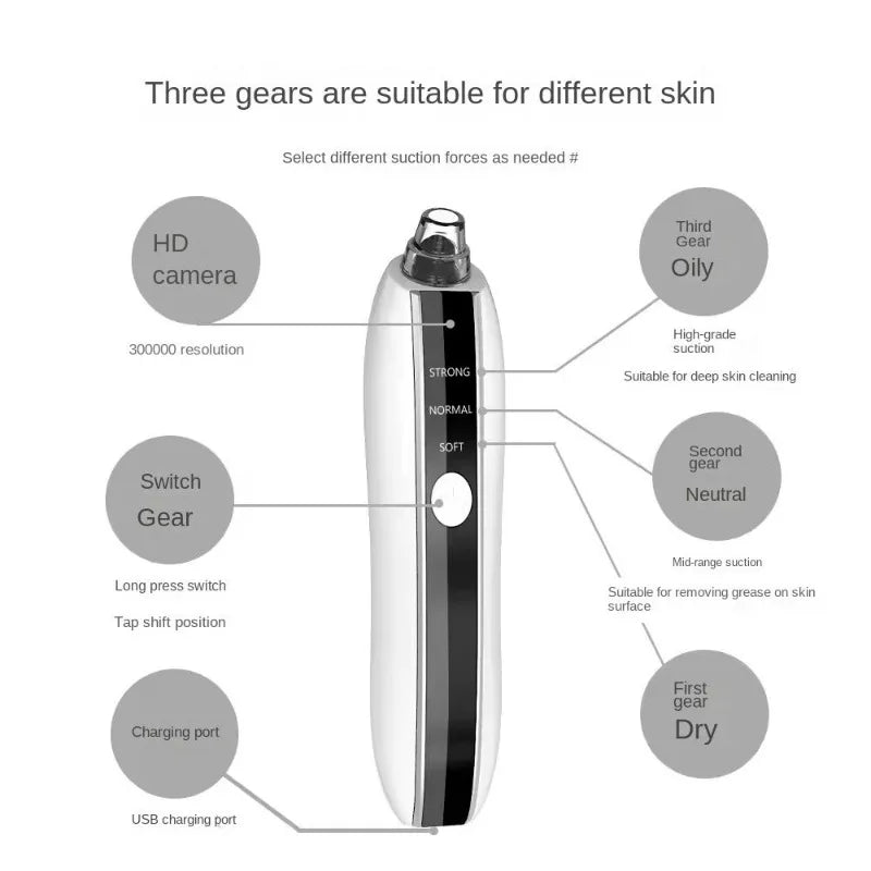 HD Visualisation Electric Blackheads Suction Instrument designed for effective pore cleansing and blackhead removal, featuring a sleek and modern design.