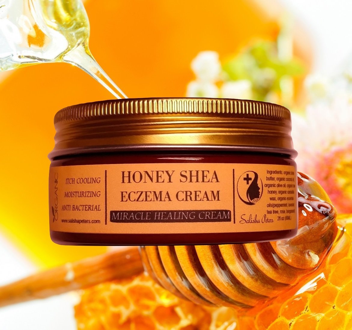 A jar of Healing Honey Eczema Cream with a natural honeycomb background, showcasing its organic ingredients and soothing properties.