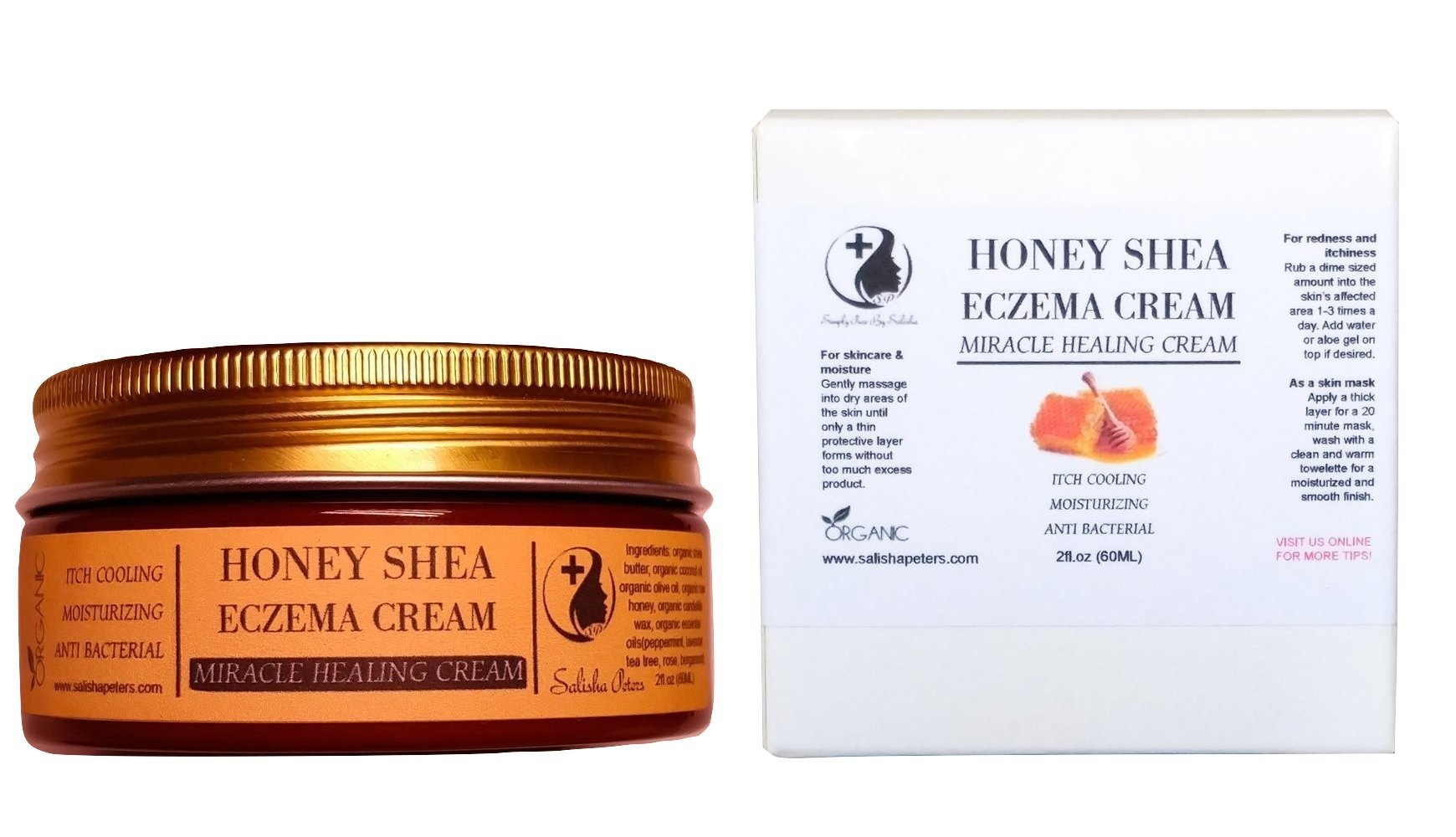 A jar of Healing Honey Eczema Cream with a natural honeycomb background, showcasing its organic ingredients and soothing properties.