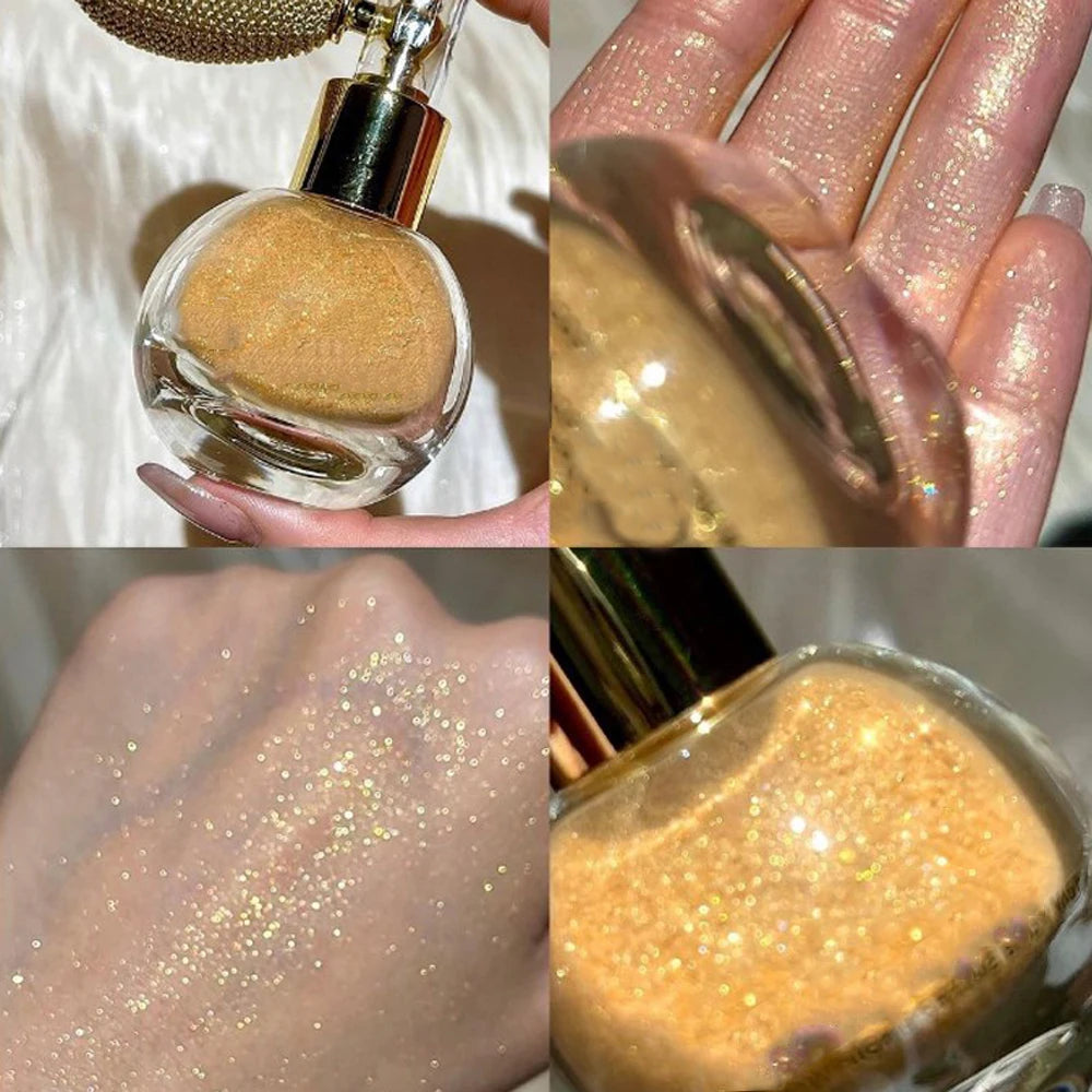 Highlighter Powder Shimmer Sparkle Spray bottle showcasing its elegant design and shimmering contents.