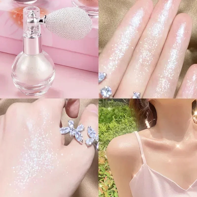 Highlighter Powder Shimmer Sparkle Spray bottle showcasing its elegant design and shimmering contents.