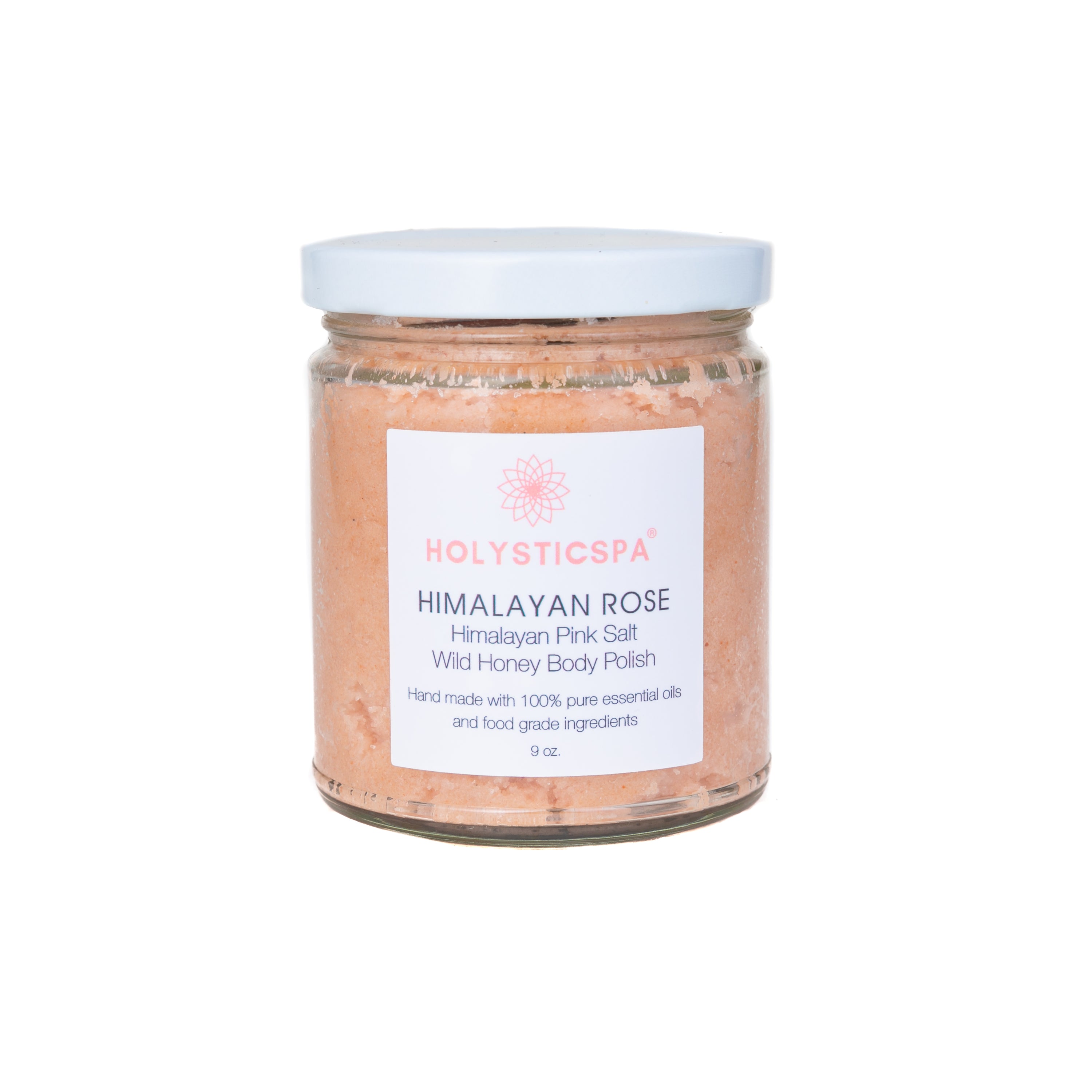 Himalayan Rose Body Polish jar with pink salt and rose petals, showcasing its natural ingredients and luxurious texture.