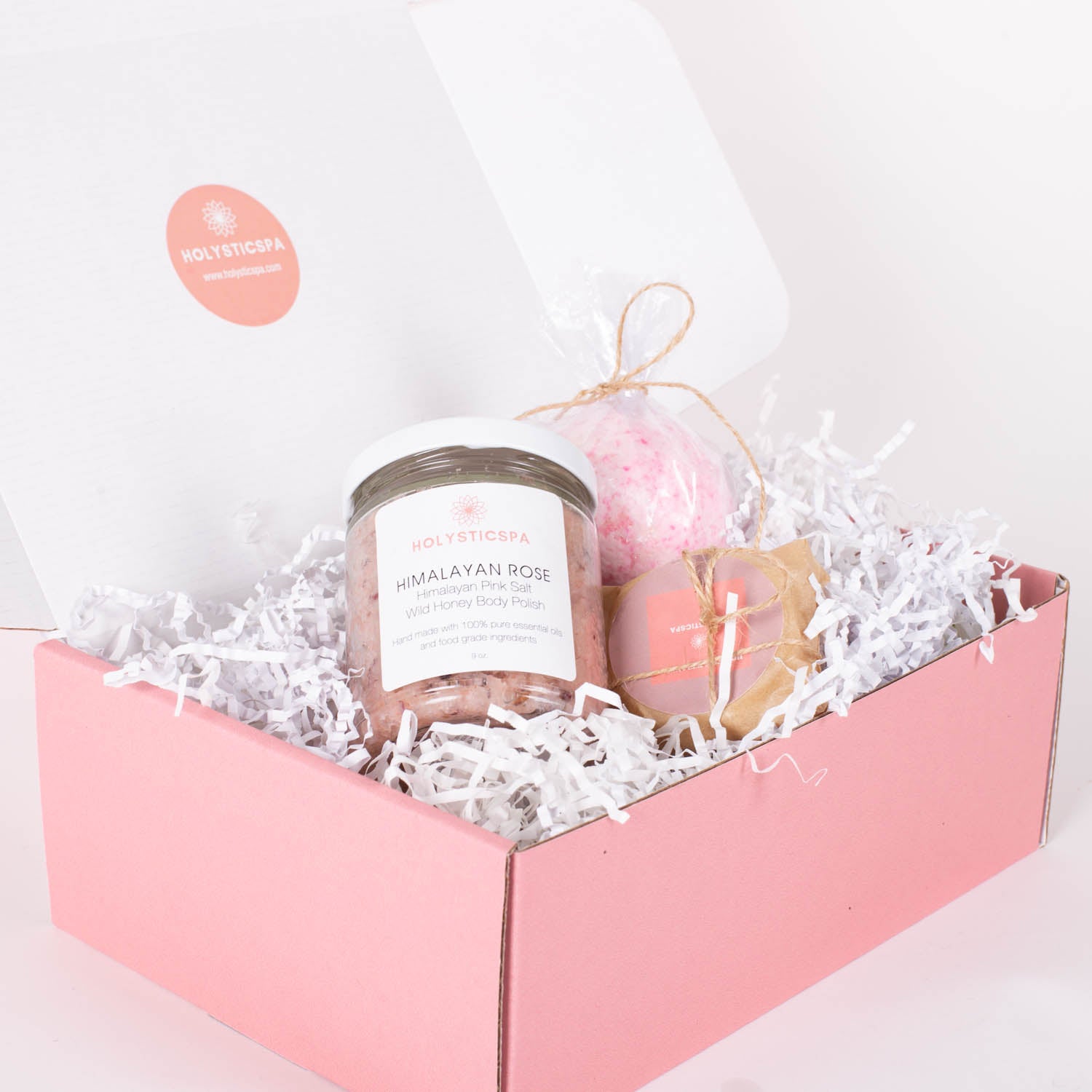 Himalayan Rose Gift Set featuring body scrub, bath bomb, and lotion bar in an elegant gift box.