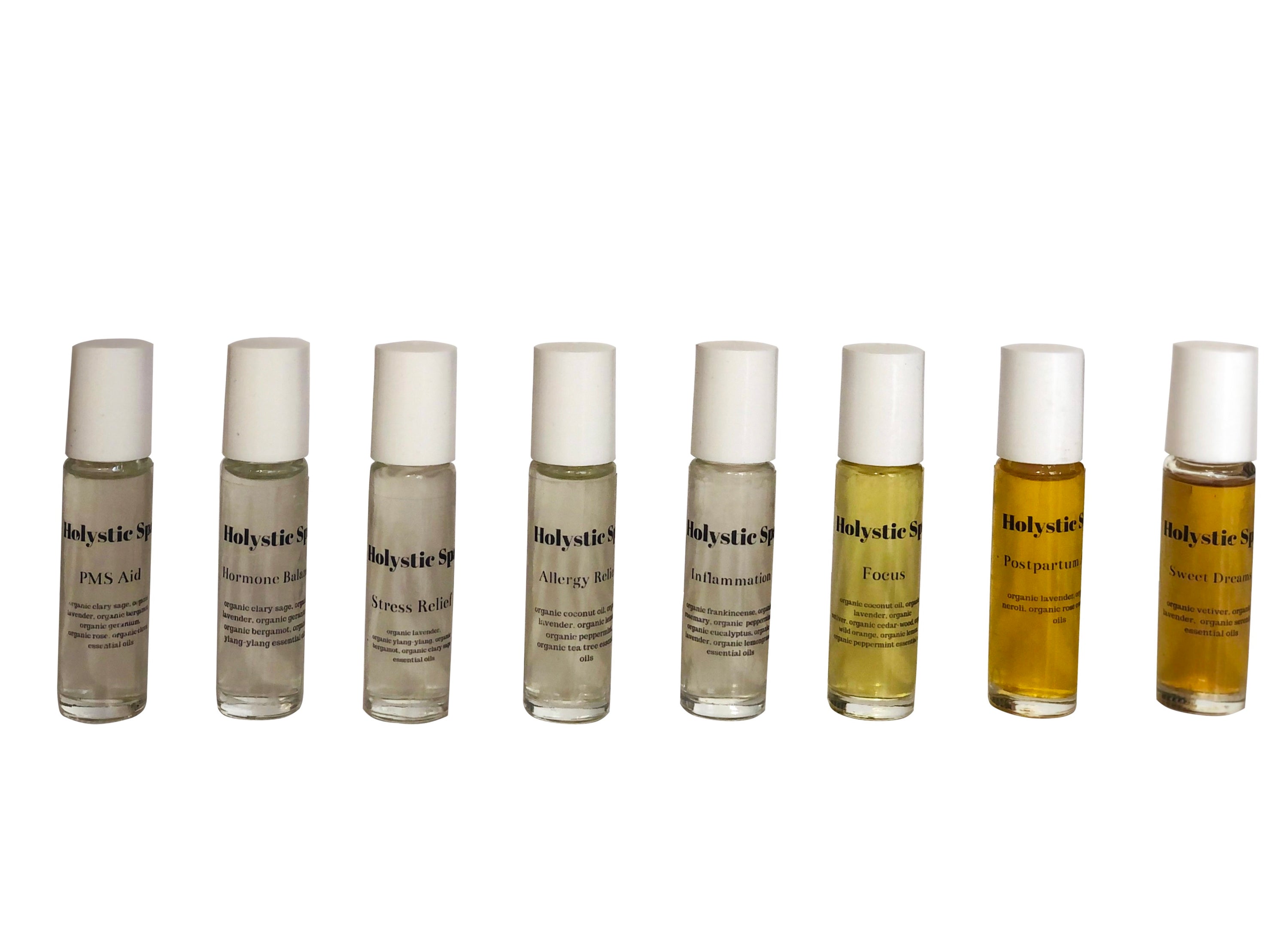 Holysticspa oil blends displayed in elegant bottles, showcasing various essential oils for hormone balance, stress relief, and wellness.