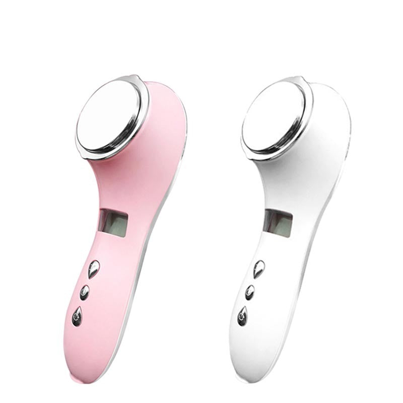 Hot and Cold Facial Beauty Ion device in white and pink, showcasing its sleek design and compact size for effective skincare.