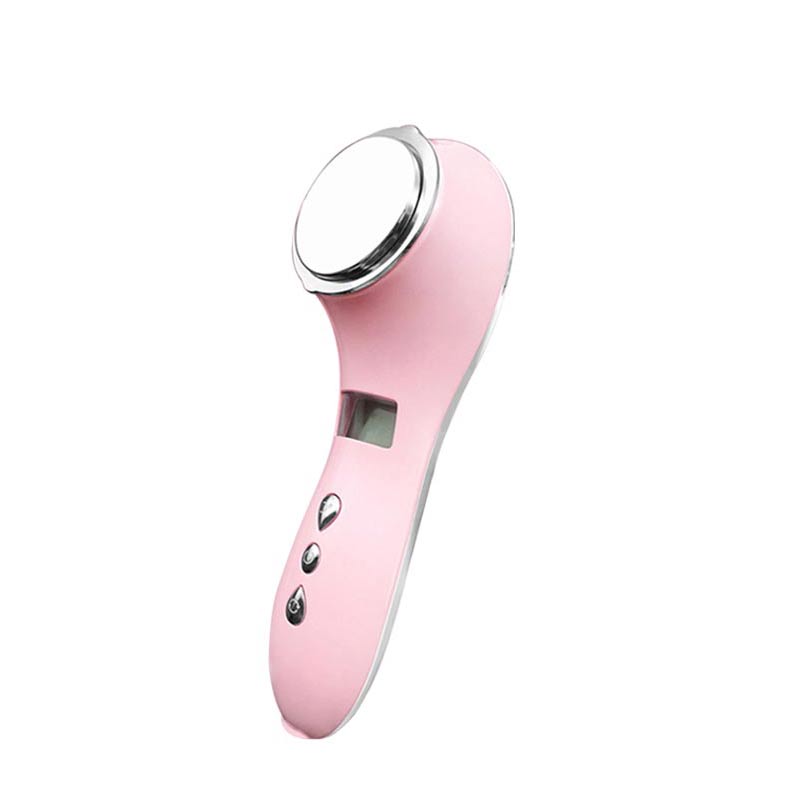 Hot and Cold Facial Beauty Ion device in white and pink, showcasing its sleek design and compact size for effective skincare.