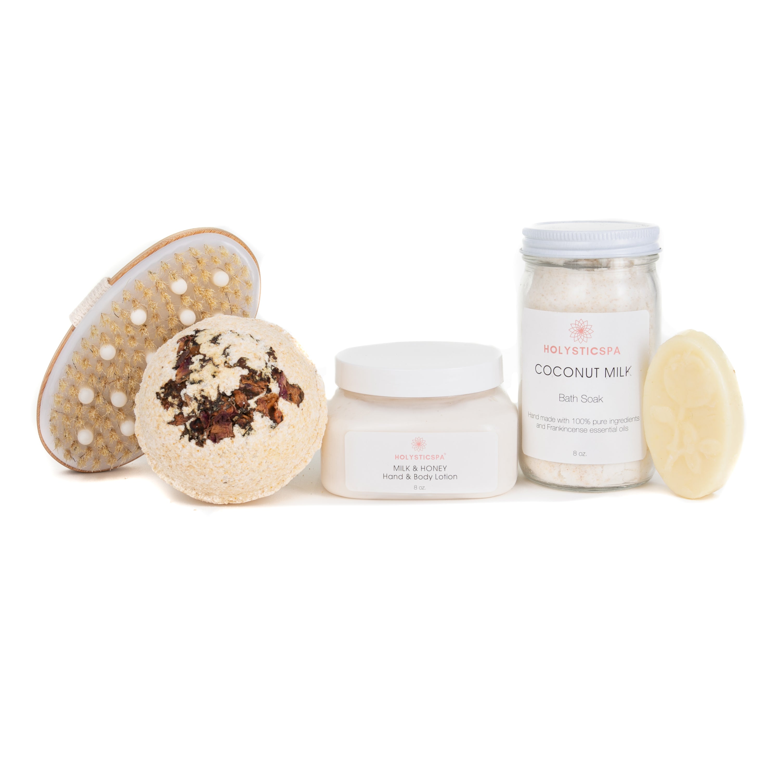 Hydrating Body Care Bundle featuring Coconut Milk Bath Salts, Milk & Honey Lotion, Skin So Soft Lotion Bar, and Oatmeal Bath Bomb.