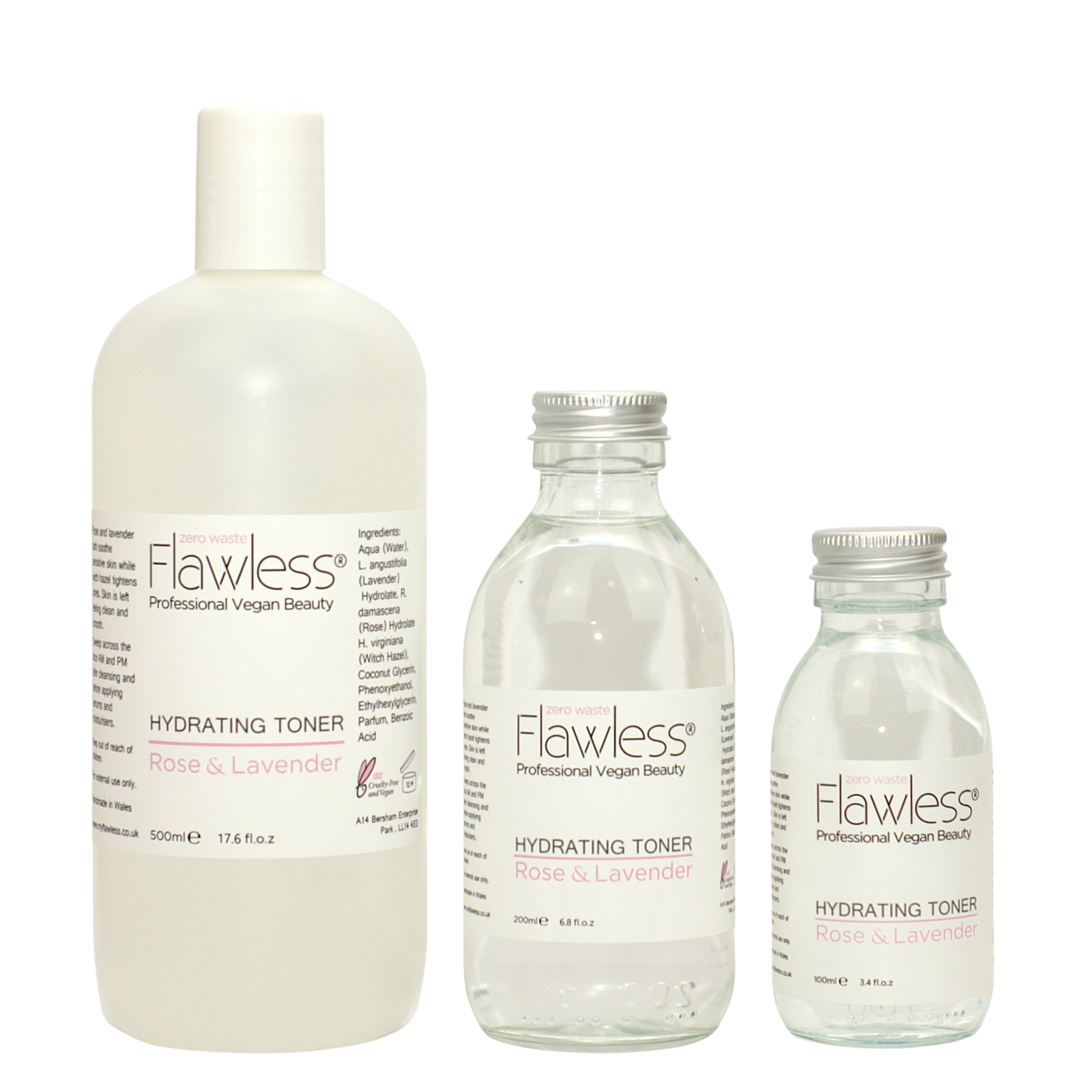 500ml Hydrating Toner Refill featuring rose and lavender ingredients in a recycled plastic bottle.