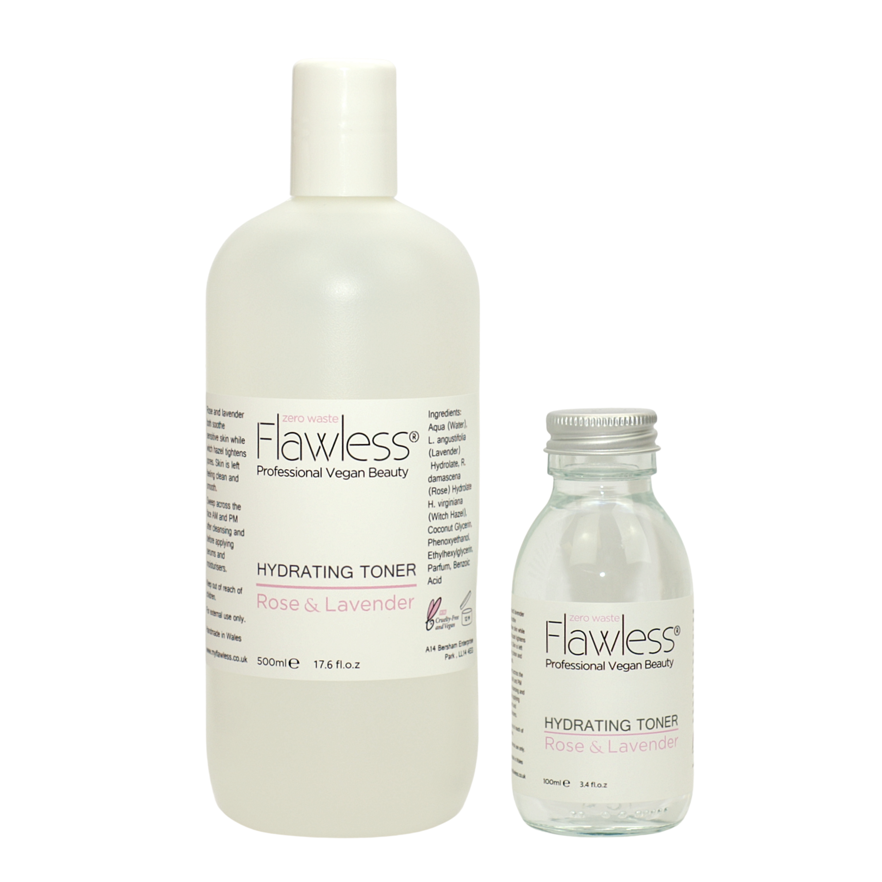 500ml Hydrating Toner Refill featuring rose and lavender ingredients in a recycled plastic bottle.