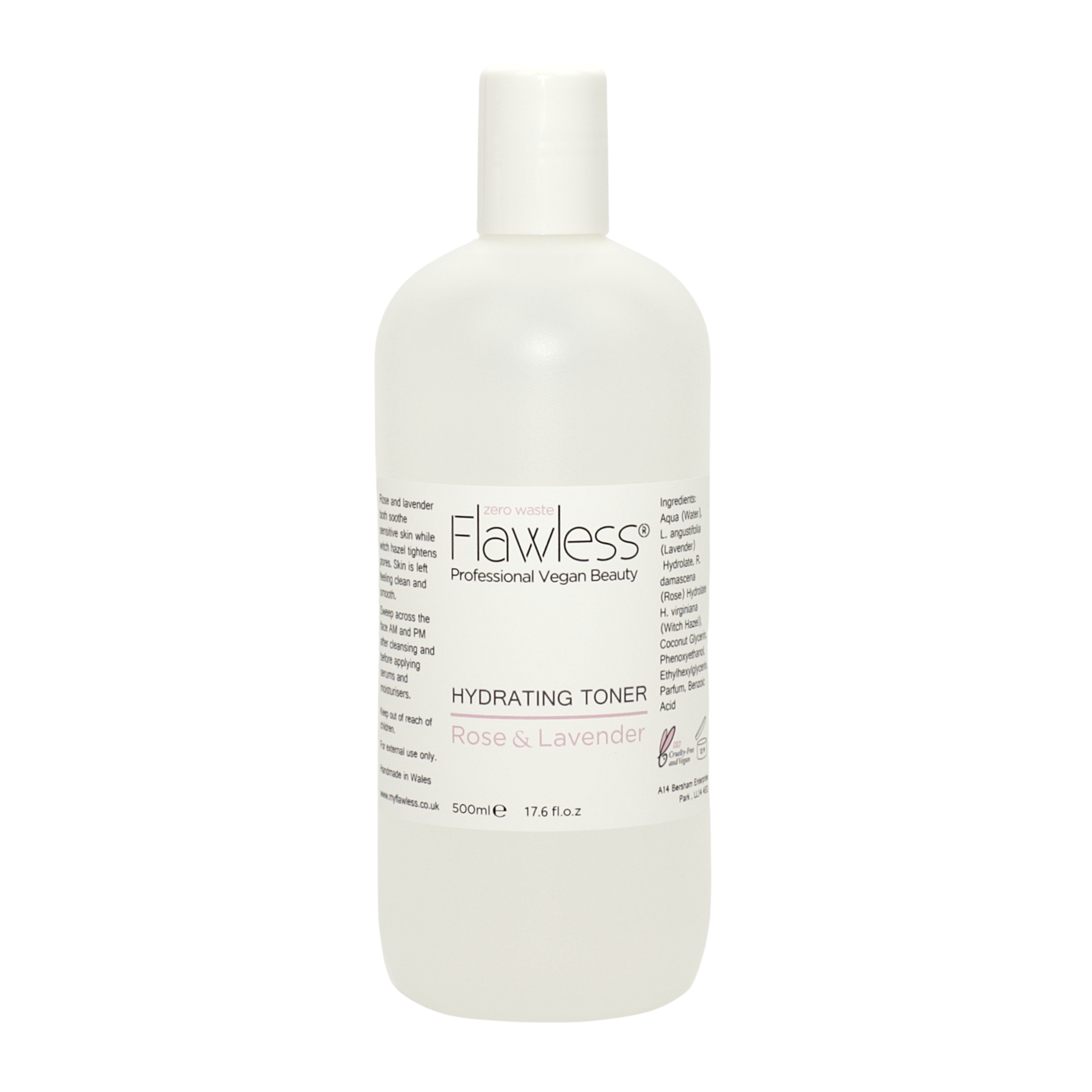 500ml Hydrating Toner Refill featuring rose and lavender ingredients in a recycled plastic bottle.